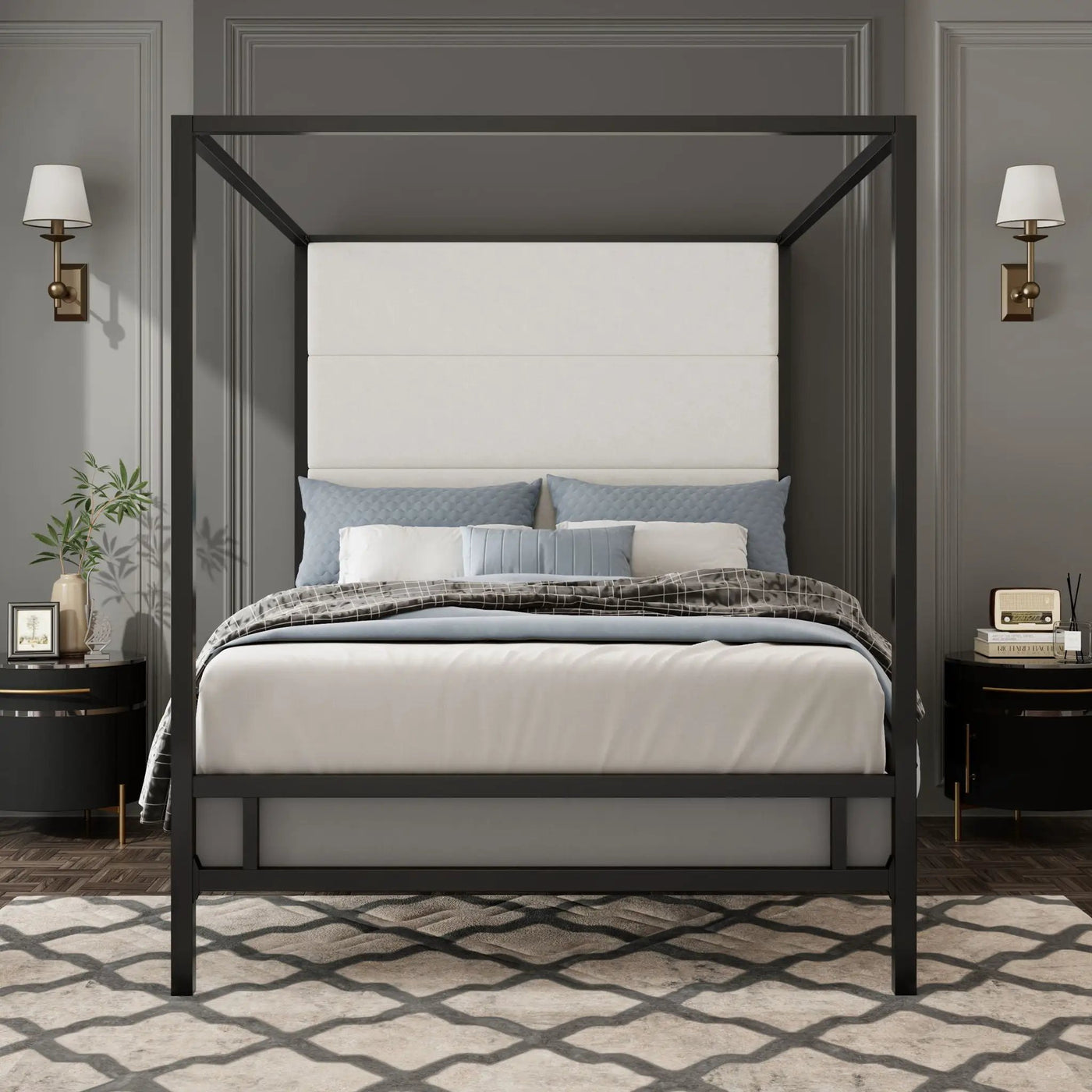 Canopy Bed With Tall Upholstered Headboard, 4 Poster Frame by HouseOfZazla