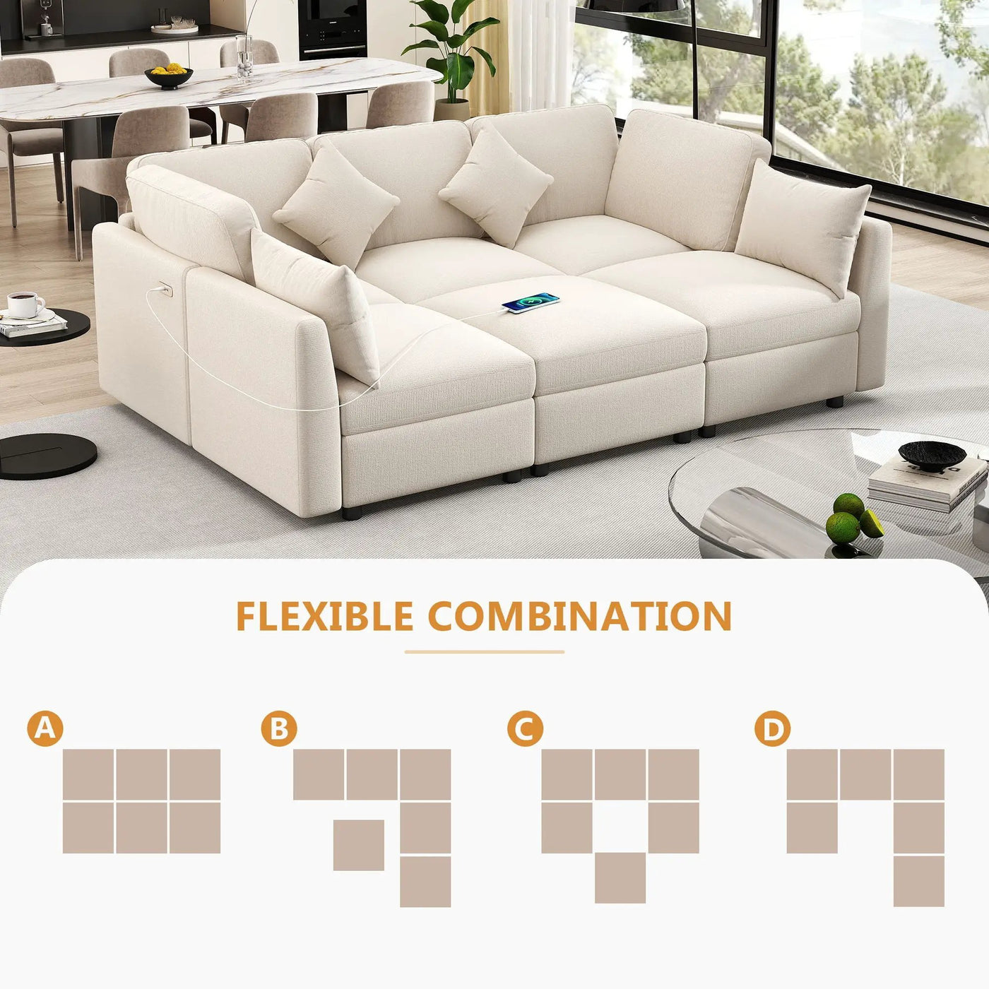Sectional Sofa Modular U-Shaped With Ottoman & USB Ports by HouseOfZazla