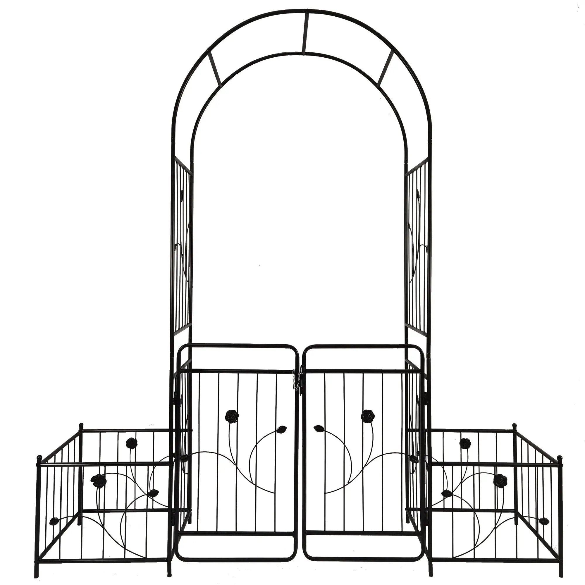 Metal Garden Arch With Gate Wide High Climbing Plants Support Rose Arch Outdoor - Black by Unique Piece Furniture