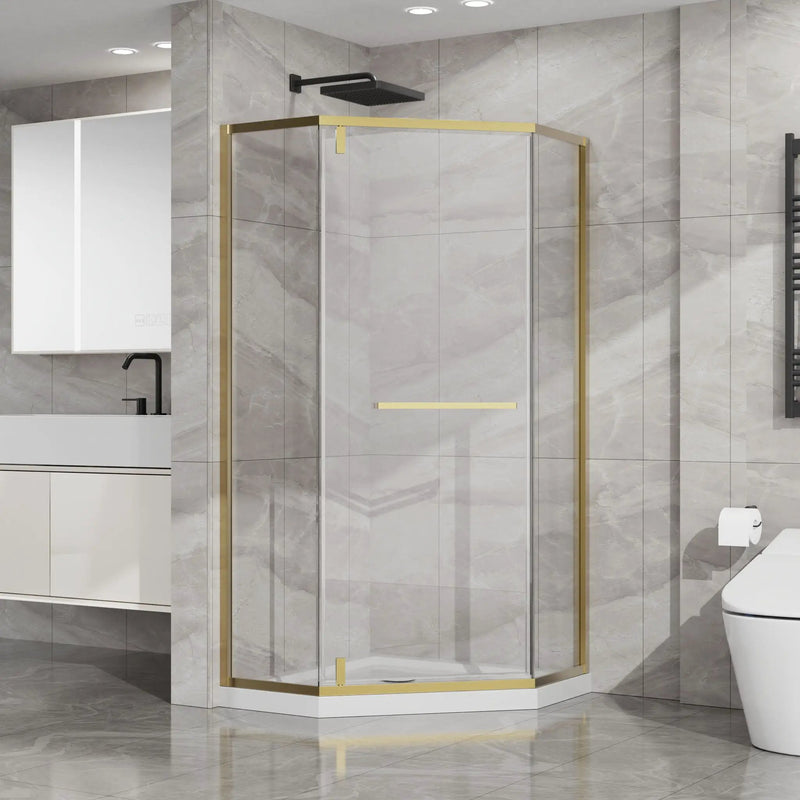 Goodyo - Neo-Angle Frameless Shower Door Corner Enclosure With Acrylic Shower Base Combo, Pivot Shower Door by HouseOfZazla