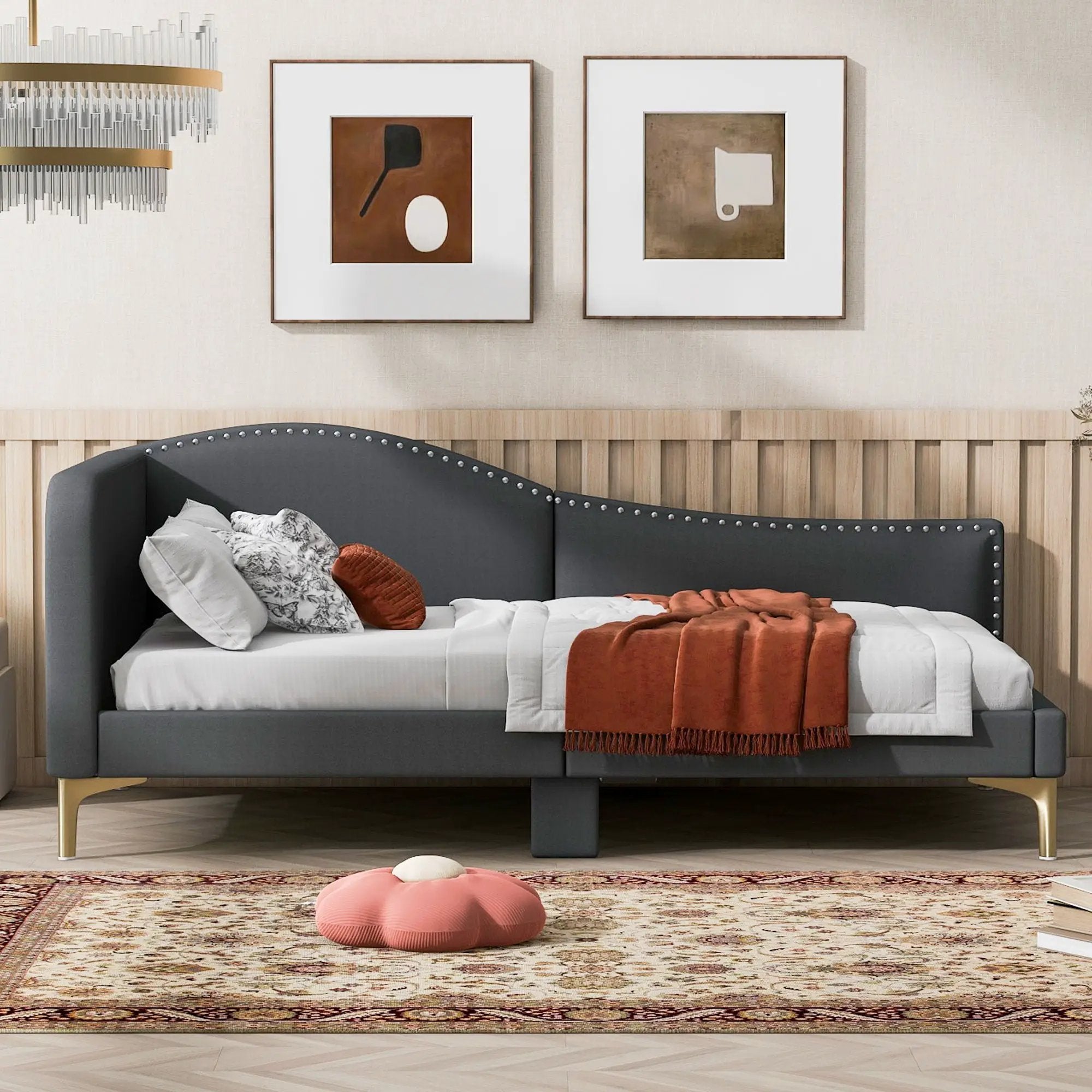 Upholstered Daybed With Headboard And Armrest, Support Legs by HouseOfZazla