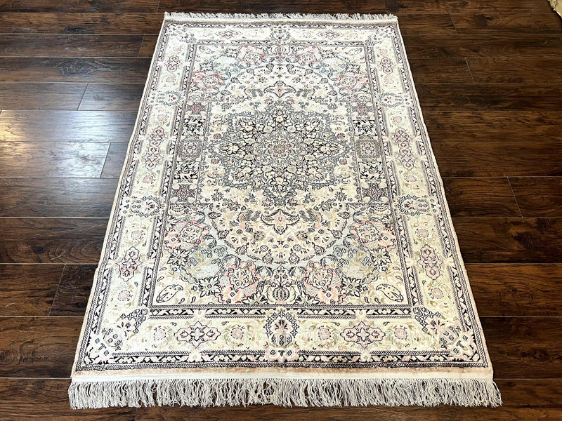 Silk Indian Kashmiri Rug 4x6, Handmade, Ivory, Fine 240 KPSI by Jewel Rugs