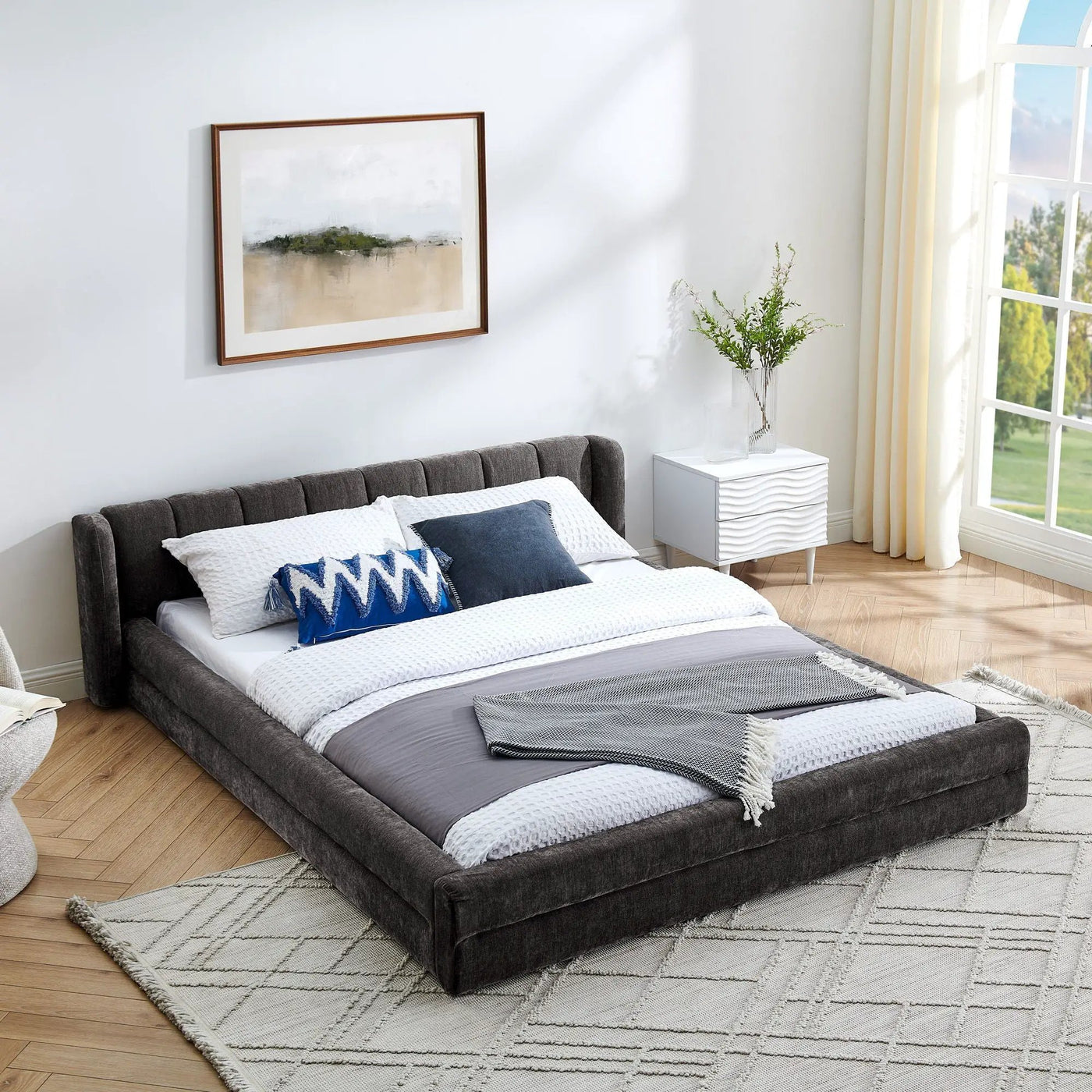 Modern Upholstered Bed Frame With Thick Fabric And Headboard by HouseOfZazla