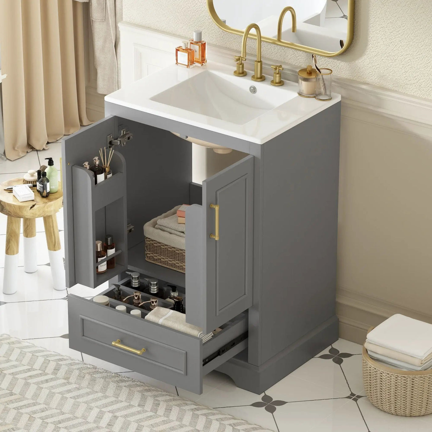 Bathroom Vanity With Sink, 1 Divided Drawer And 2 Soft Close Doors With Double Shelf by HouseOfZazla