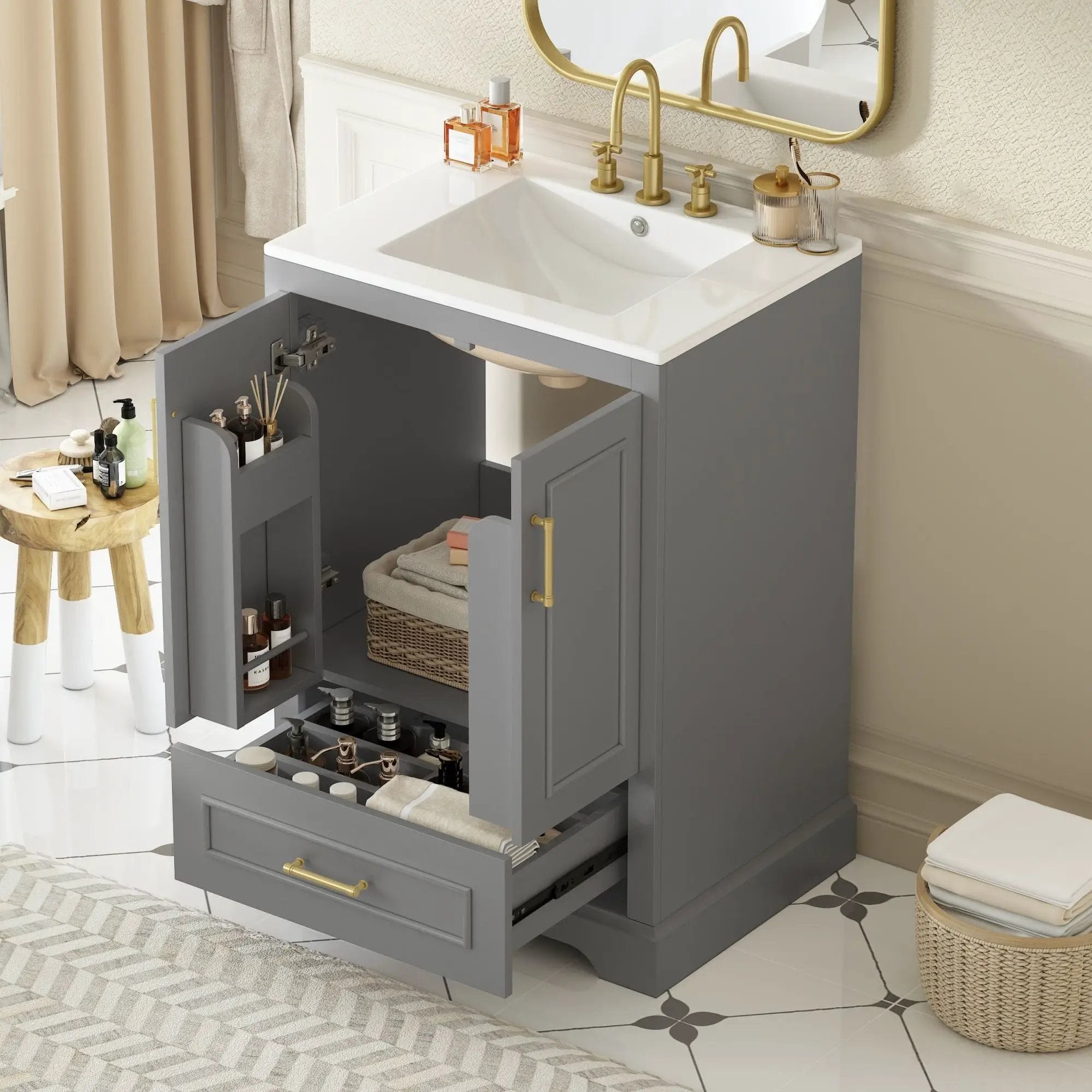 Bathroom Vanity With Sink, 1 Divided Drawer And 2 Soft Close Doors With Double Shelf