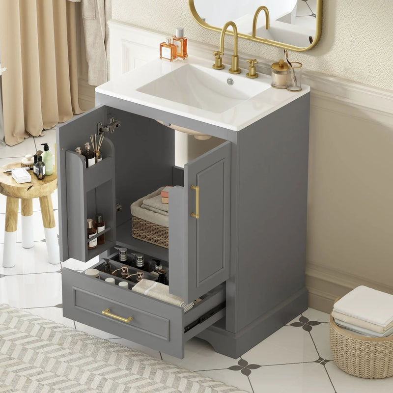 Bathroom Vanity With Sink, 1 Divided Drawer And 2 Soft Close Doors With Double Shelf