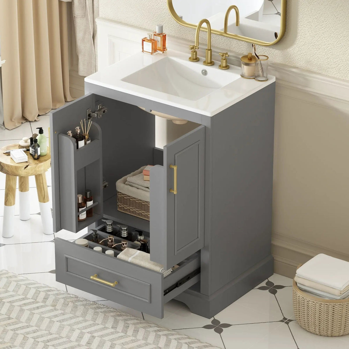 Bathroom Vanity With Sink, 1 Divided Drawer And 2 Soft Close Doors With Double Shelf, photo 5 of 20