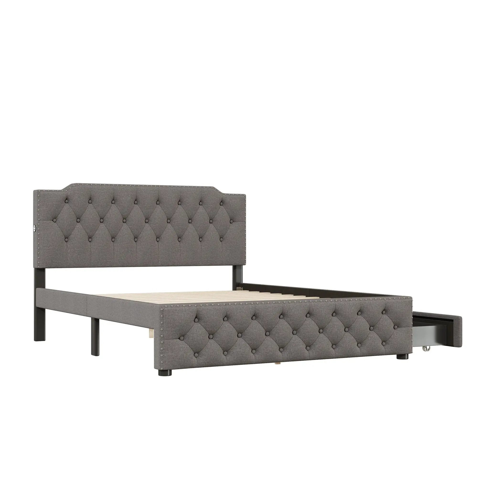 Upholstered Platform Bed With 2 Drawers And 2 Sets Of USB Ports On Each Side, Fabric by HouseOfZazla