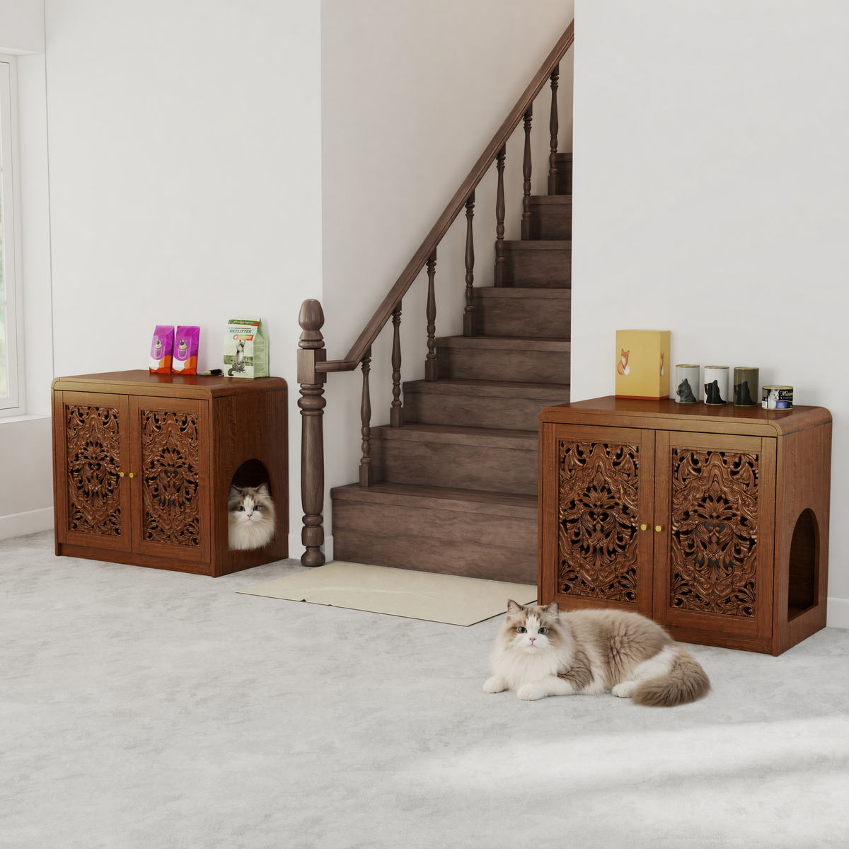 Walnut Cat Litter Box Enclosure Cabinet with Vent & Carved Doors - Walnut, photo 5 of 10