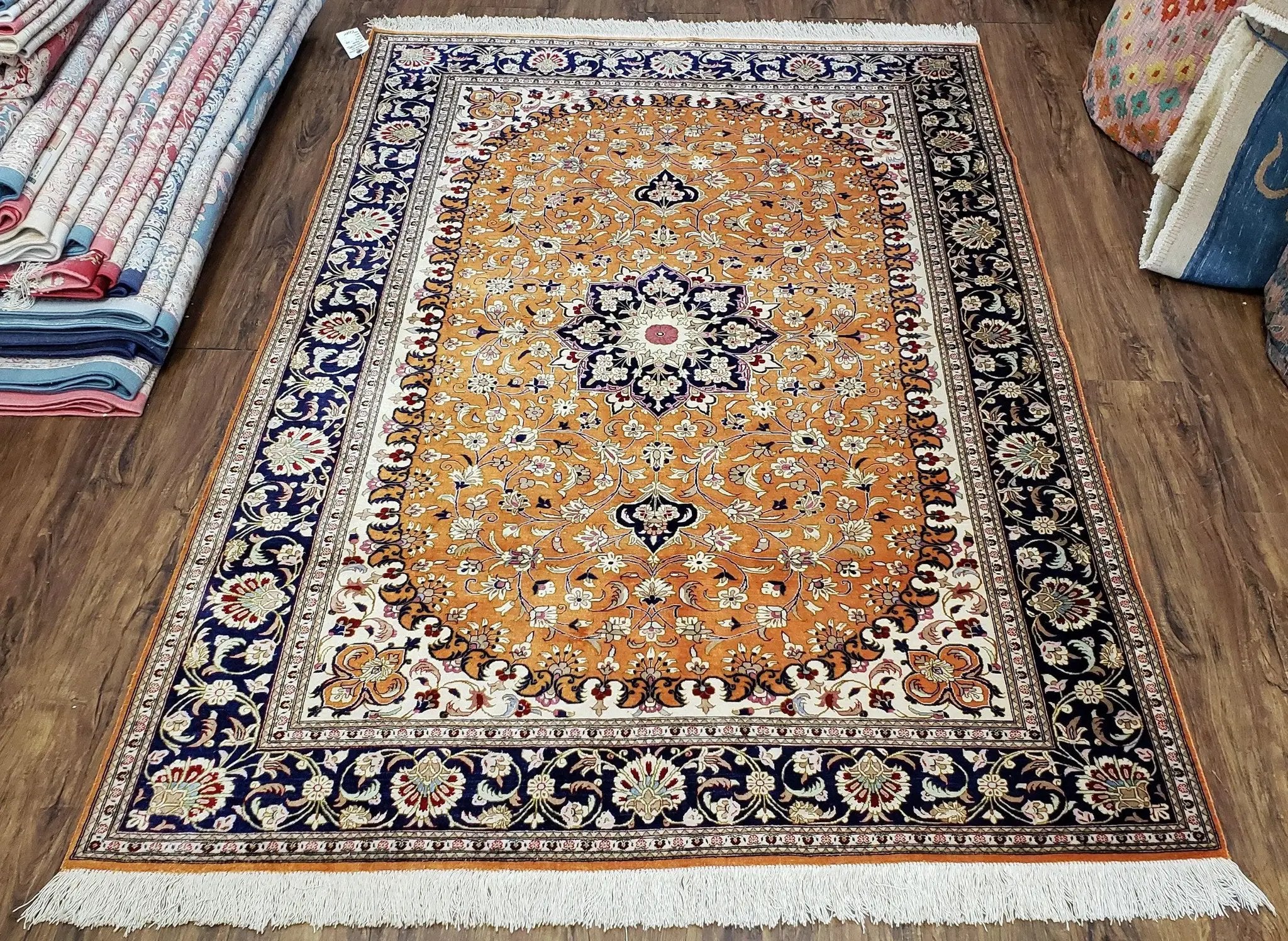 Vintage Persian Qum Silk Rug 4.6 x 6.7, Burnt Orange and Navy Blue, Antique Oriental Very Fine Signature Master Weaver 350+ KPSI Ghom Qom 5x7 Rug by Jewel Rugs
