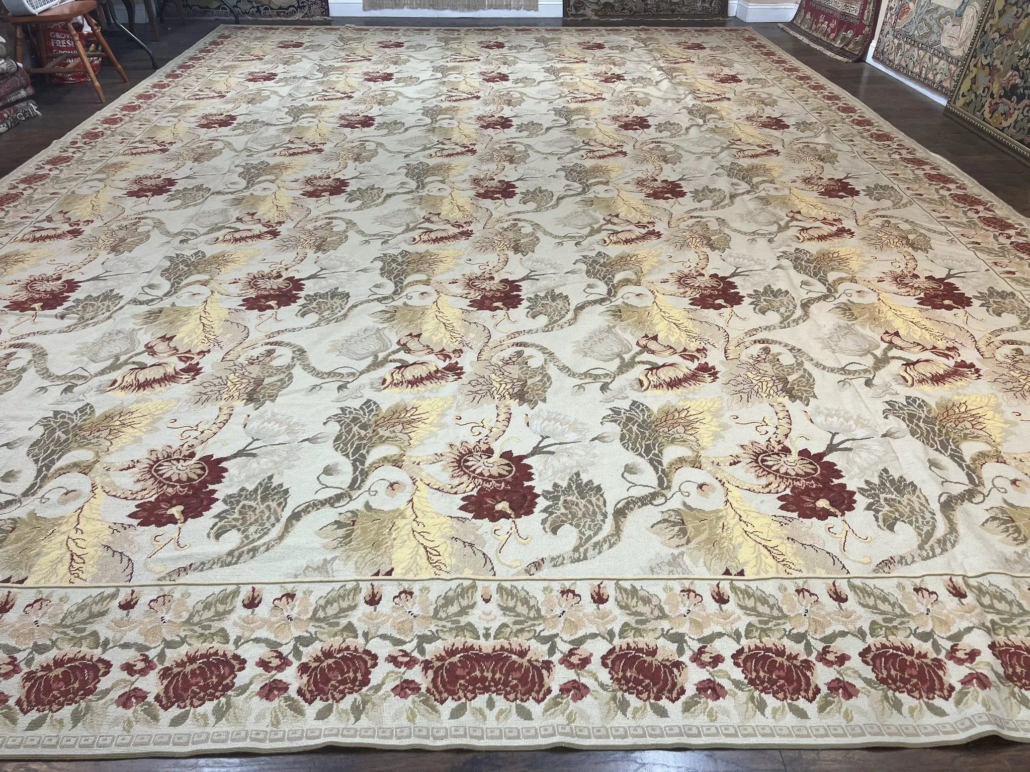 Extra Large Needlepoint Rug 14 x 20, Vintage Handwoven Handmade Wool Flatweave Carpet, Allover Floral Pattern, Elegant European Deisgn Rug by Jewel Rugs