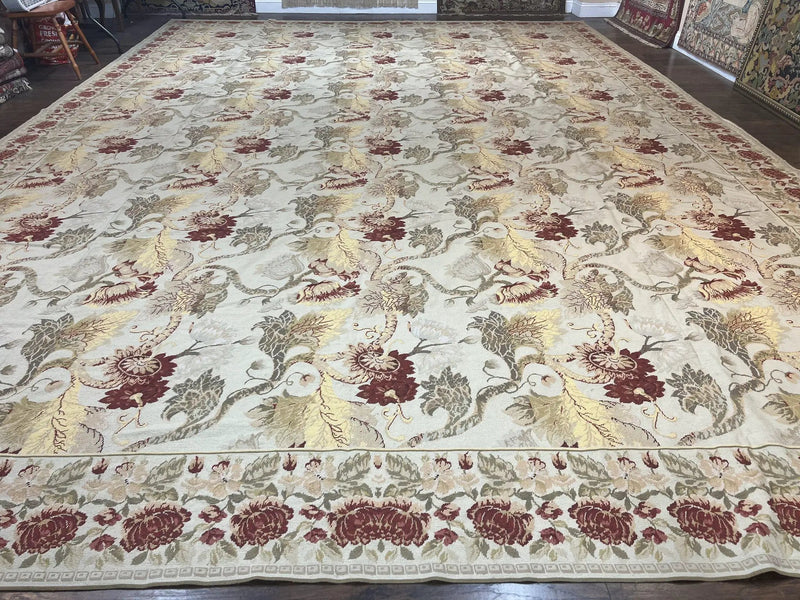 Extra Large Needlepoint Rug 14 x 20, Vintage Handwoven Handmade Wool Flatweave Carpet, Allover Floral Pattern, Elegant European Deisgn Rug by Jewel Rugs