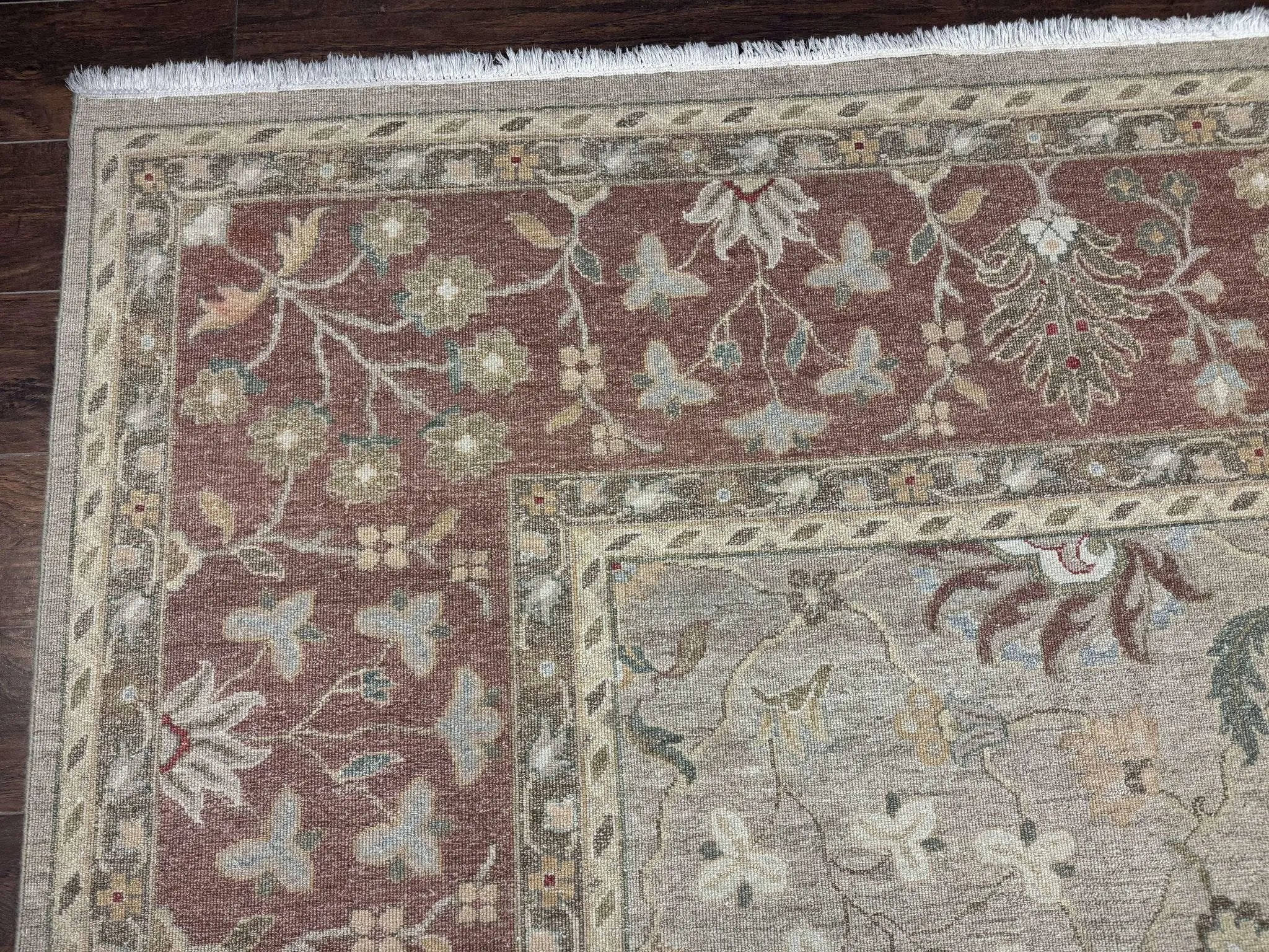 Large Turkish Soumak Rug 10x14, Flatweave Dhurrie, Handmade, Light Green and Salmon by Jewel Rugs