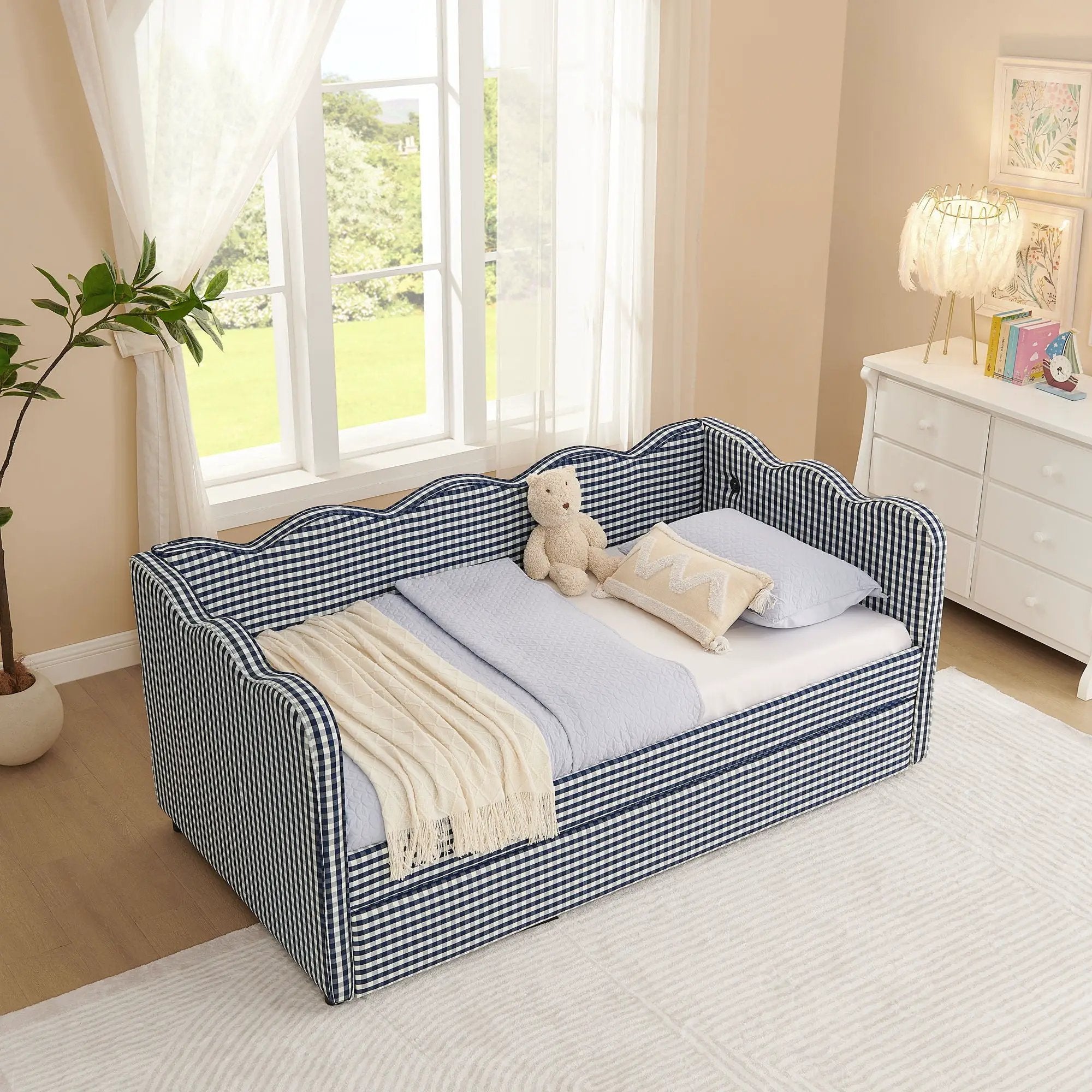 Gingham Daybed With USB Charging Port, Wave-Shaped Design by Unique Piece Furniture