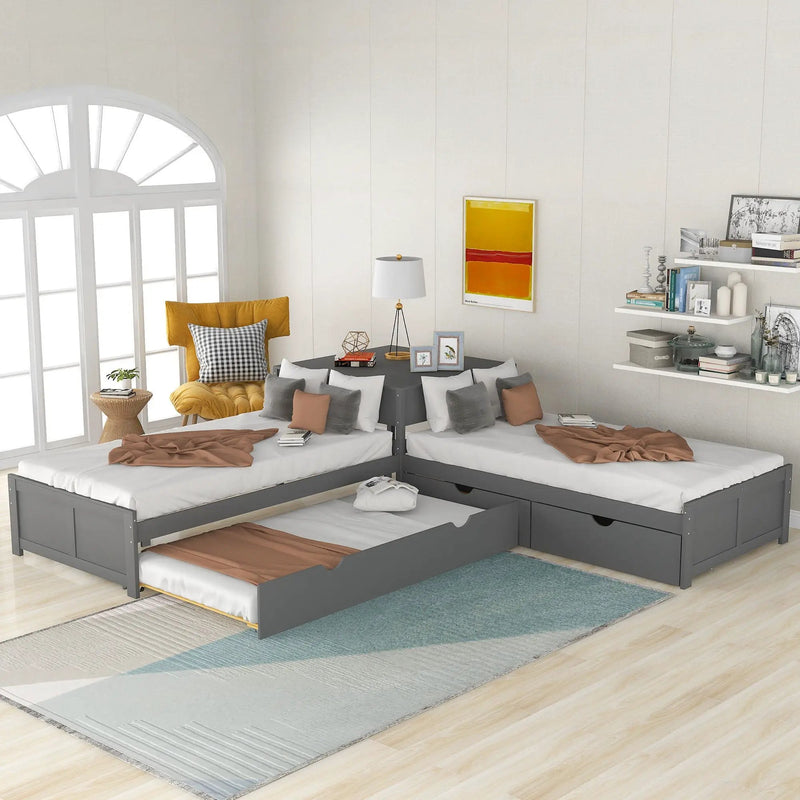 L Shaped Platform Bed With Trundle And Drawers Linked With Built In Desk by Unique Piece Furniture
