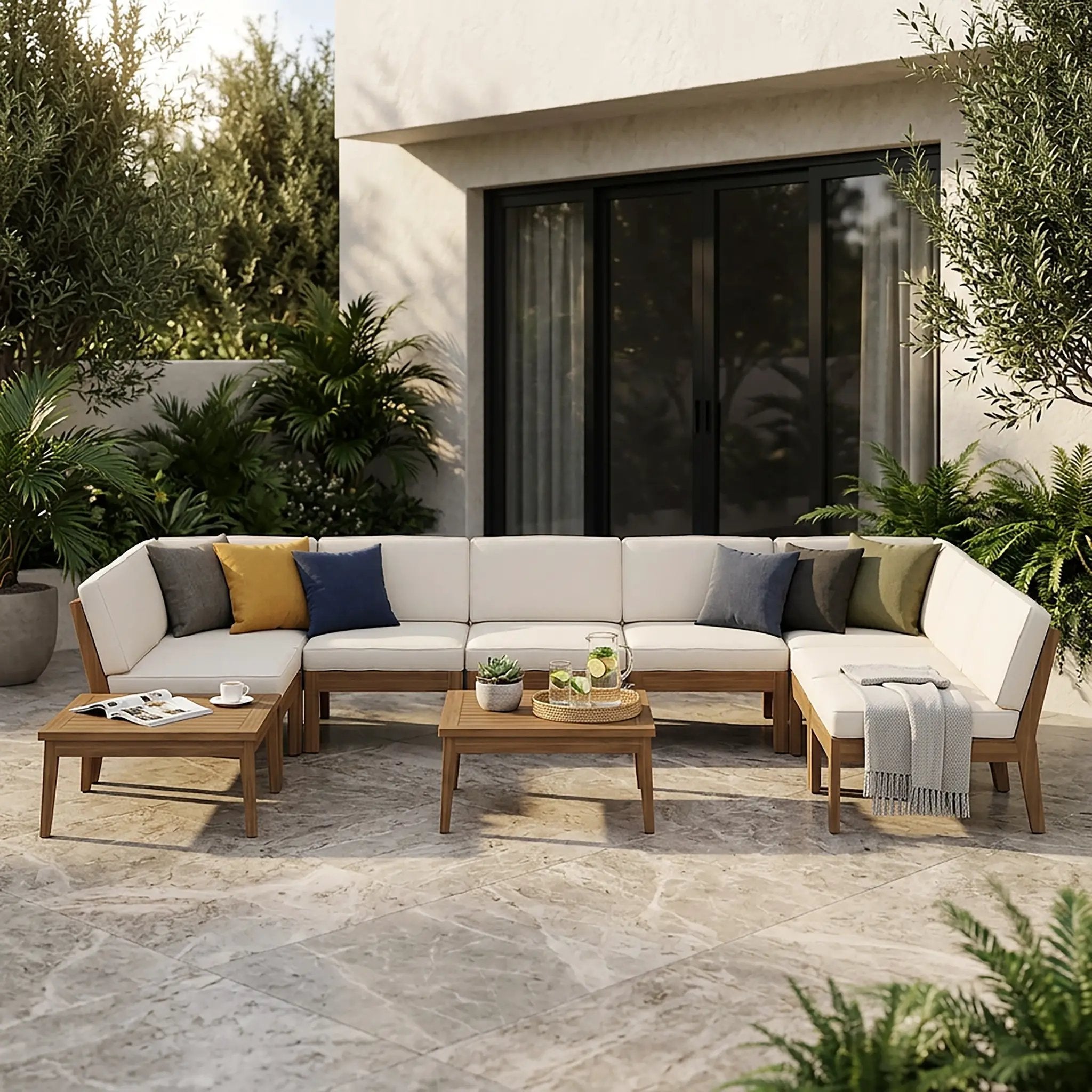 Grenada 8 Seater Acacia Wood Sectional Sofa Set, Teak+Beige by HouseOfZazla
