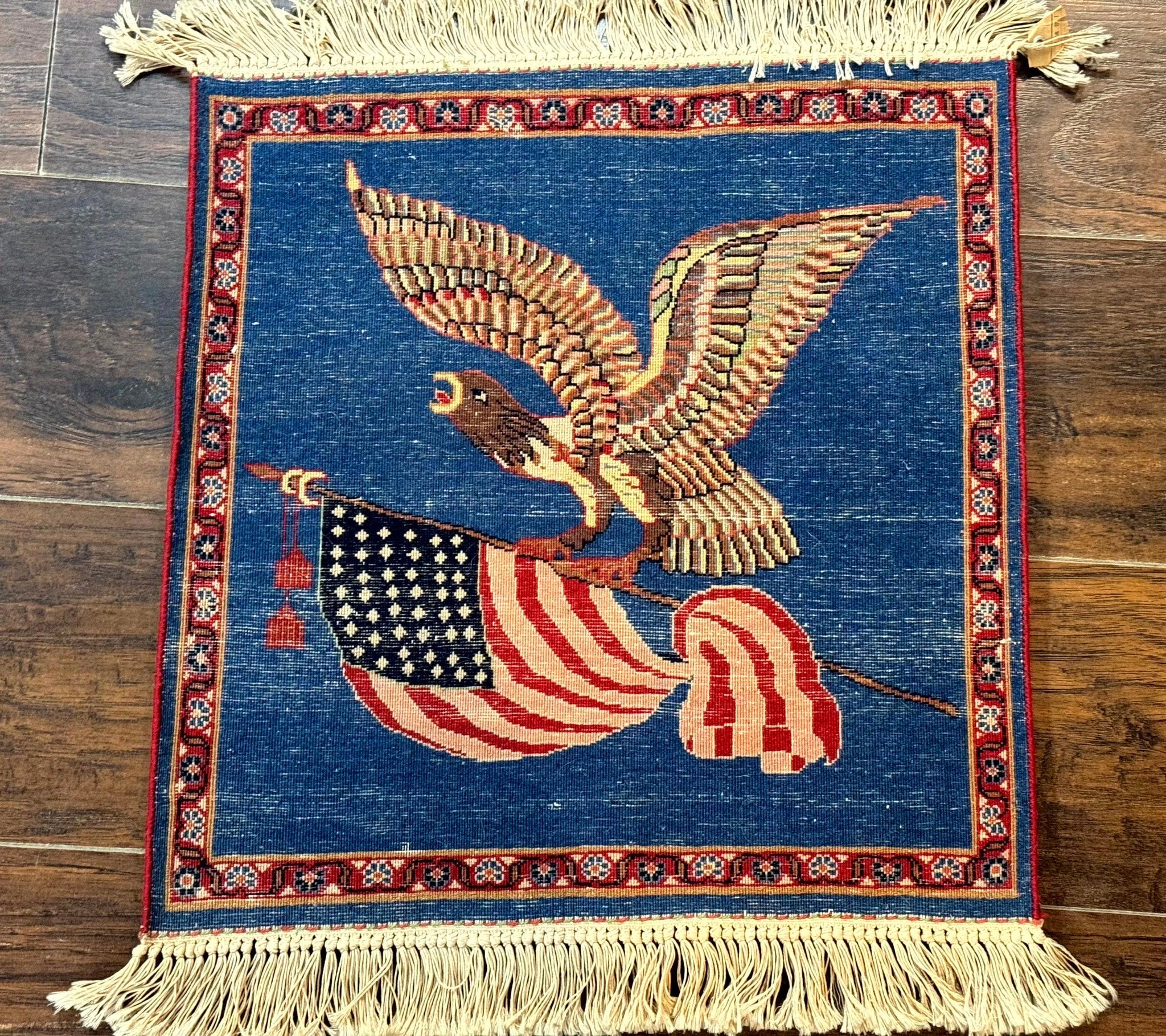 Pictorial Rug of American Flag with Bald Eagle, Small Indo Persian Pictorial Rug, Blue, Handmade, Very Fine 330 KPSI by Jewel Rugs