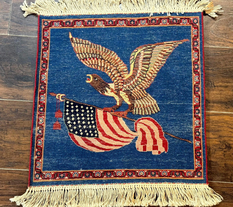 Pictorial Rug of American Flag with Bald Eagle, Small Indo Persian Pictorial Rug, Blue, Handmade, Very Fine 330 KPSI by Jewel Rugs