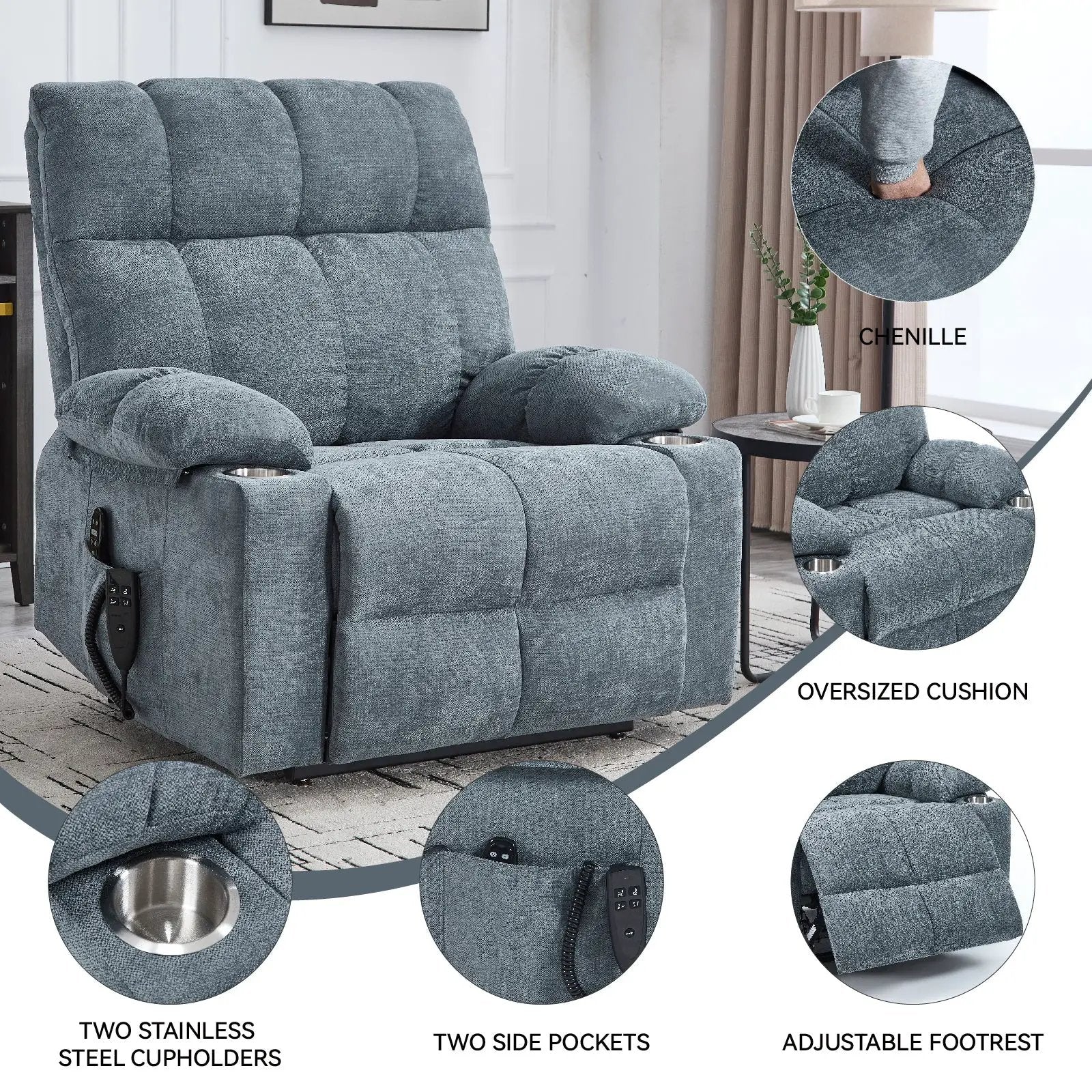 Grey Chenille Power Lift Recliner Chair by HouseOfZazla