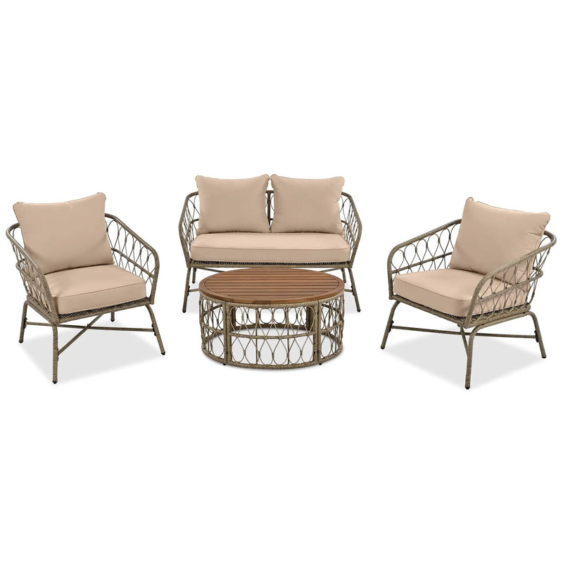 Bohemia-Inspired 4 Person Outdoor Seating Group With Removable Cushions, Conversation Patio Set With Wood Tabletop - Beige by Unique Piece Furniture