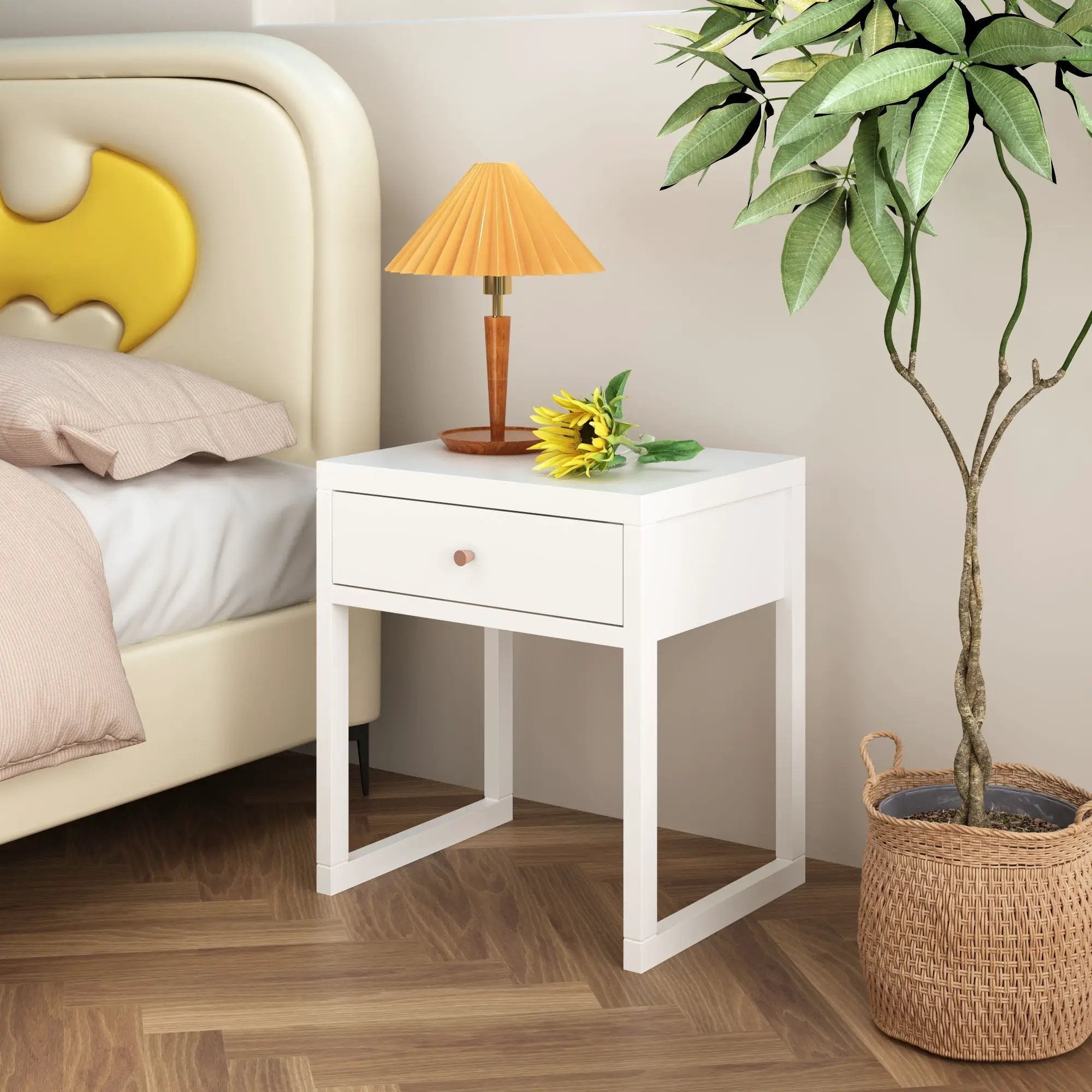 Nightstand With Drawer - Minimalist White Bedside Table by HouseOfZazla