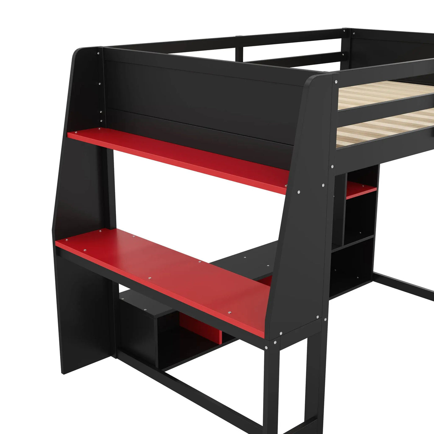 Gaming Loft Bed With Desk, Multi Storage Shelves, LED Lighting, And Hanging Clothes Rack by HouseOfZazla