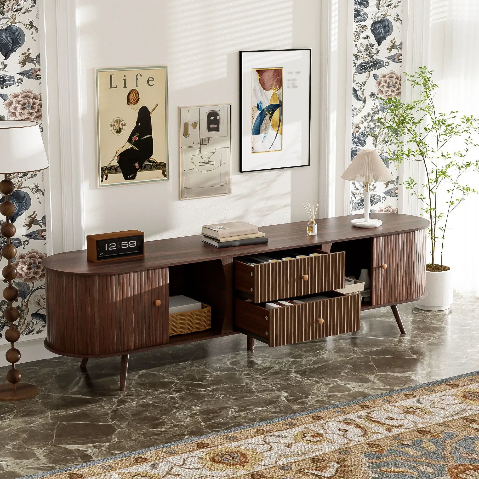 70" TV Stand With Tambour Doors And Fluted Drawers - Dark Brown by Unique Piece Furniture