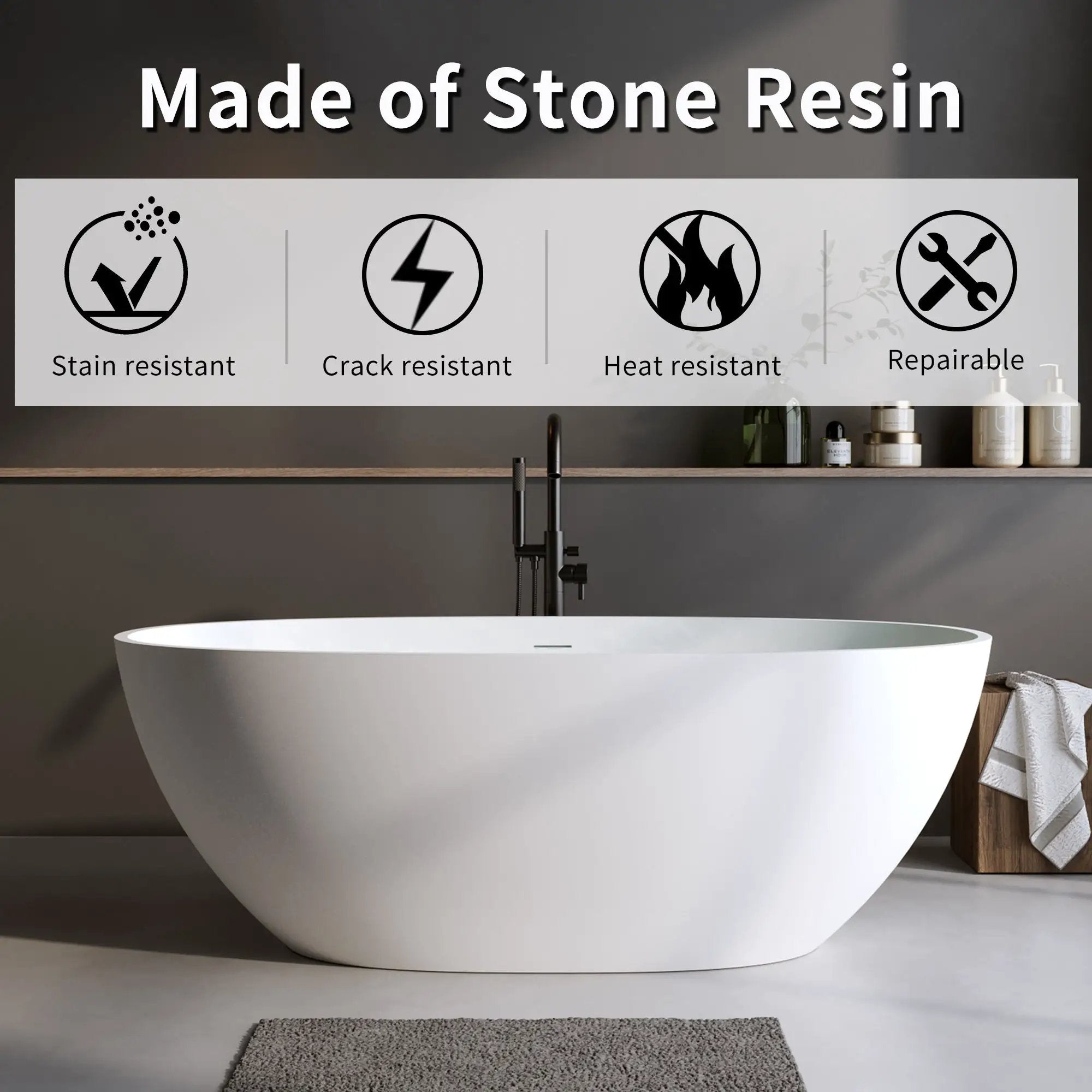 55" Solid Surface Matte Tub - Freestanding Soaking Bathtub by HouseOfZazla