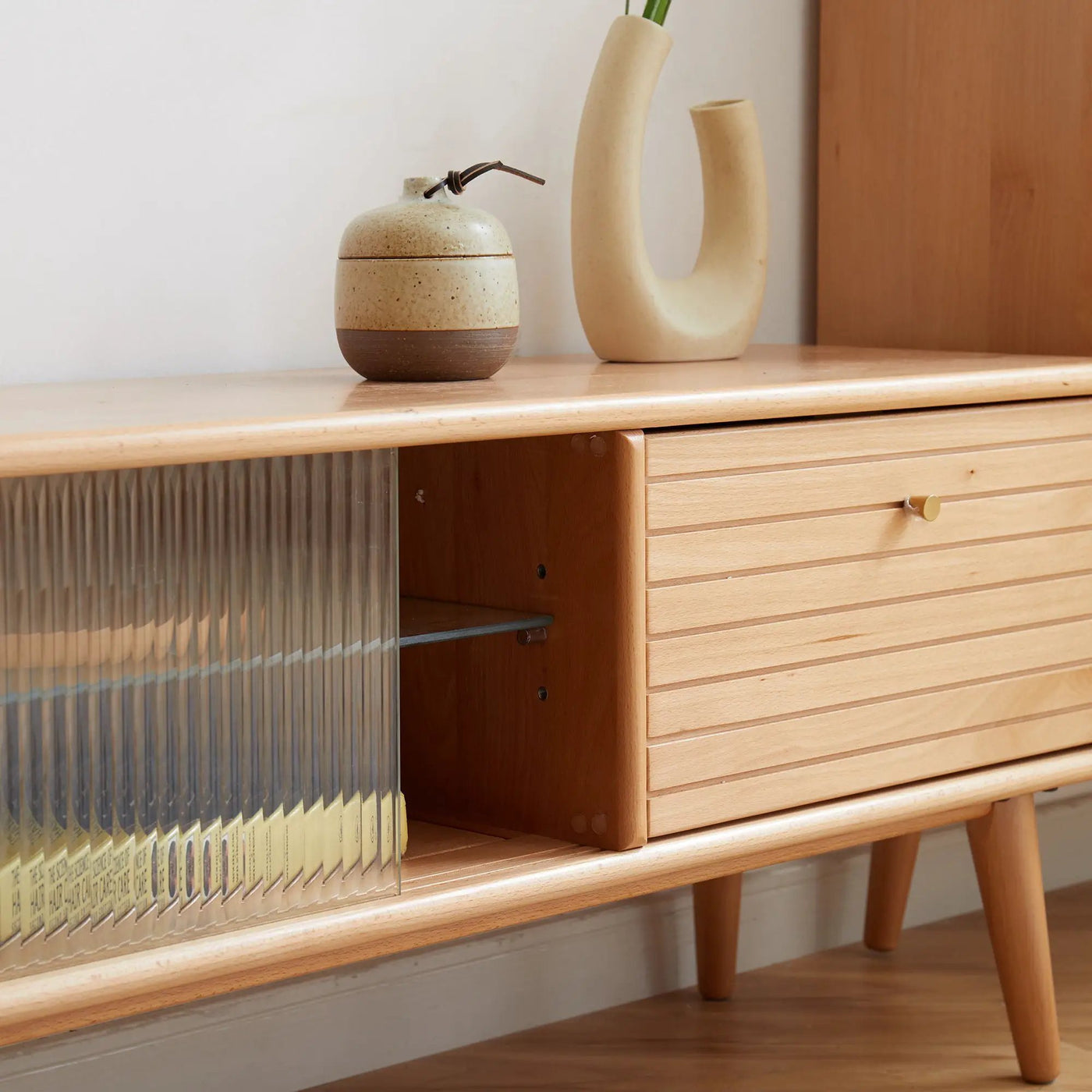 TV Cabinet With Chinese Changhong Glass Doors, Two Drawer Storage Space TV Standing by Unique Piece Furniture