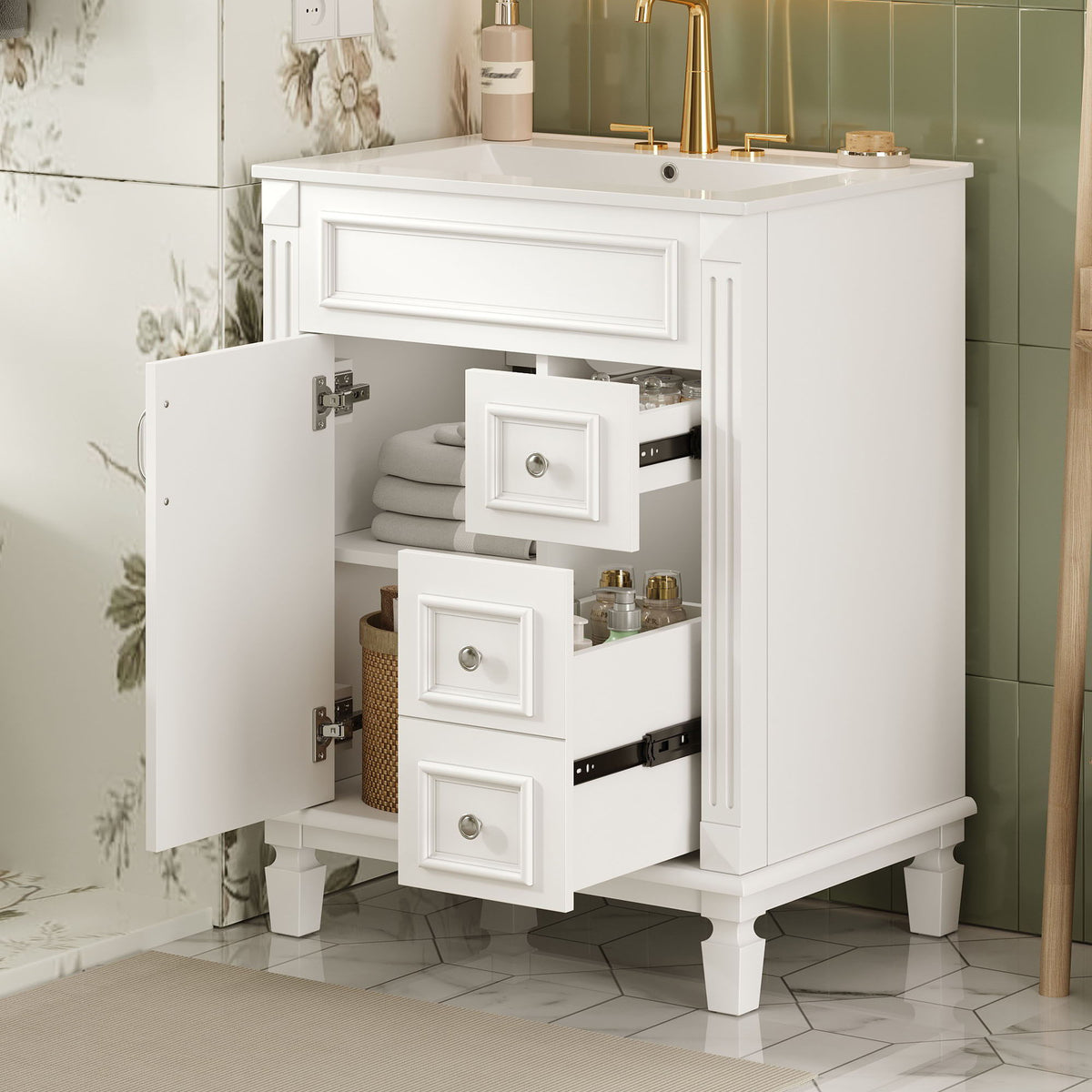 Compact Bathroom Vanity with Ceramic Sink and Storage Drawers - White, Green, Black, photo 7 of 24