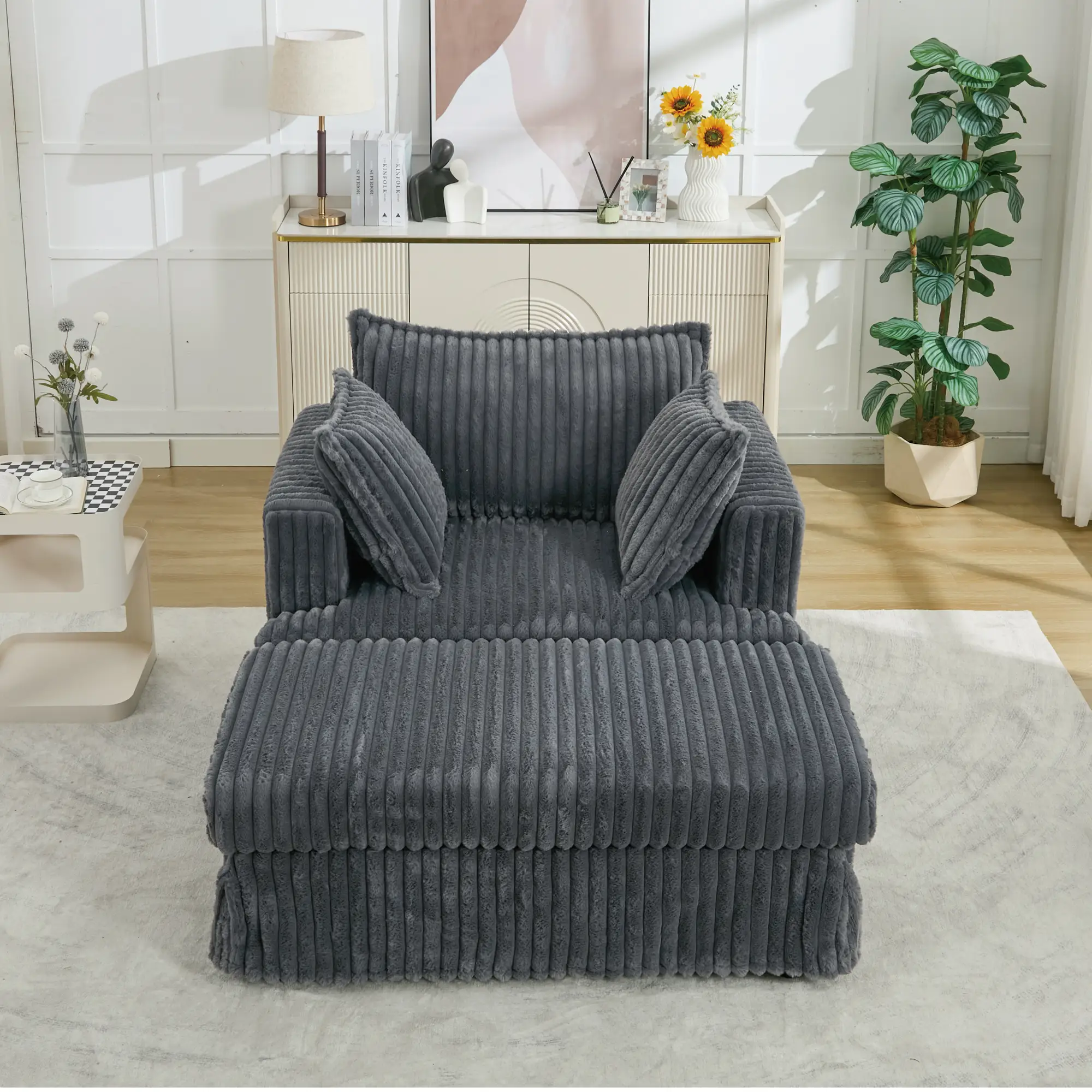 Oversized Corduroy Chaise Lounge with Ottoman in Dark Gray by HouseOfZazla