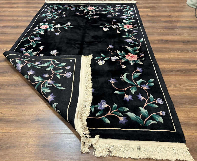 Chinese Wool Rug 6x9, Black, Floral, Minimal Design, 90 Line Carpet, Vintage Art Deco Rug by Jewel Rugs