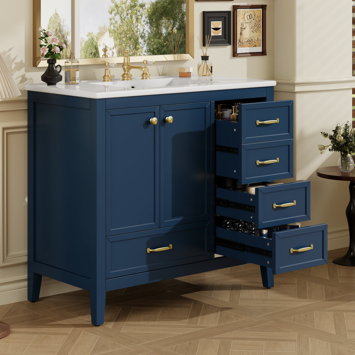 36" Bathroom Vanity with Ceramic Sink and Multi-Tier Storage - Blue, Black, or Grey, photo 7 of 10