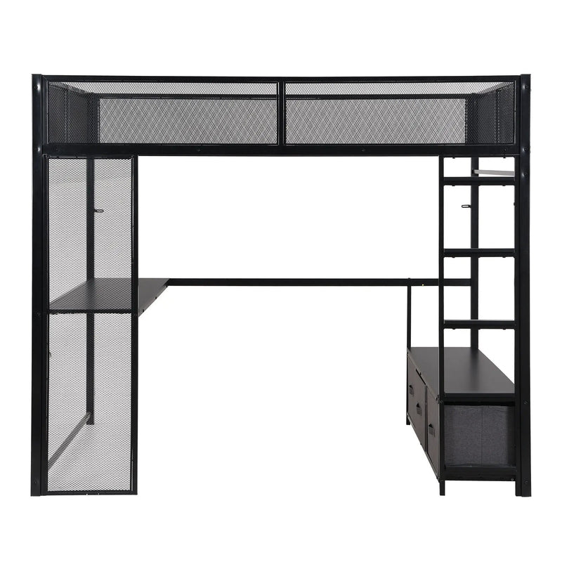 Full Size Gaming Loft Bed With LED Desk, Open Wardrobe, 3 Linen Storage Drawers - Black by Unique Piece Furniture