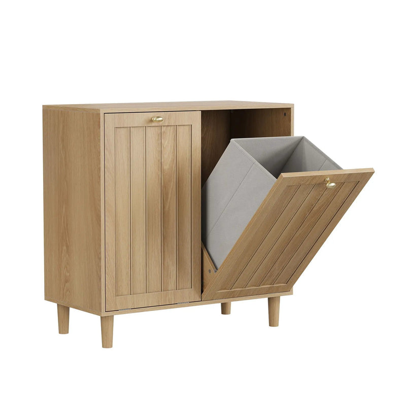 Sloping Laundry Basket With Removable Inner Bin, Concealed Storage Cabinet For Bathroom - Oak by HouseOfZazla