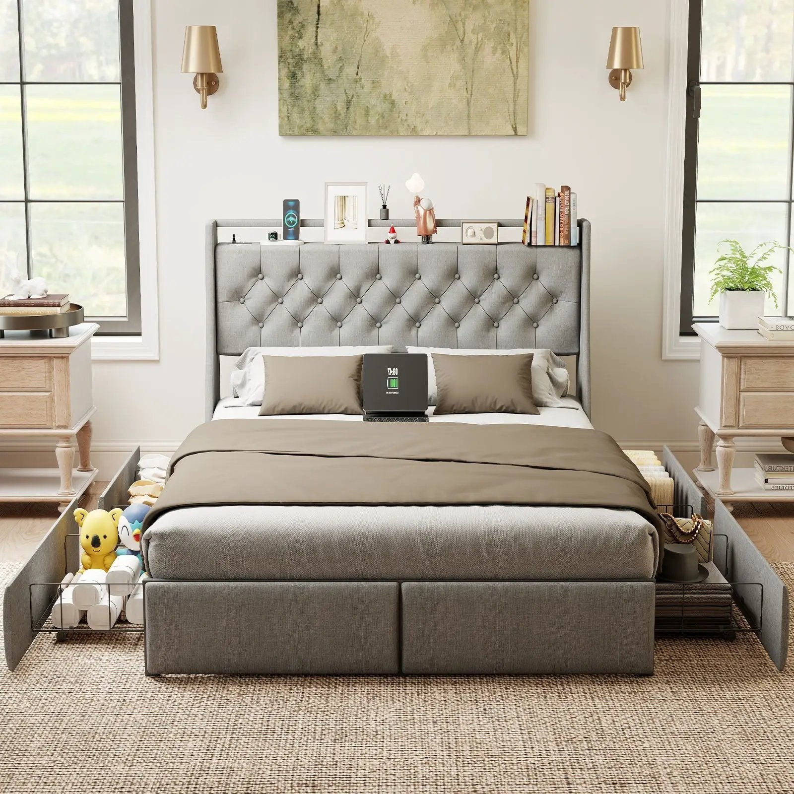 Queen Platform Bed Frame With RGB LED & Charging Station, Storage Headboard by HouseOfZazla