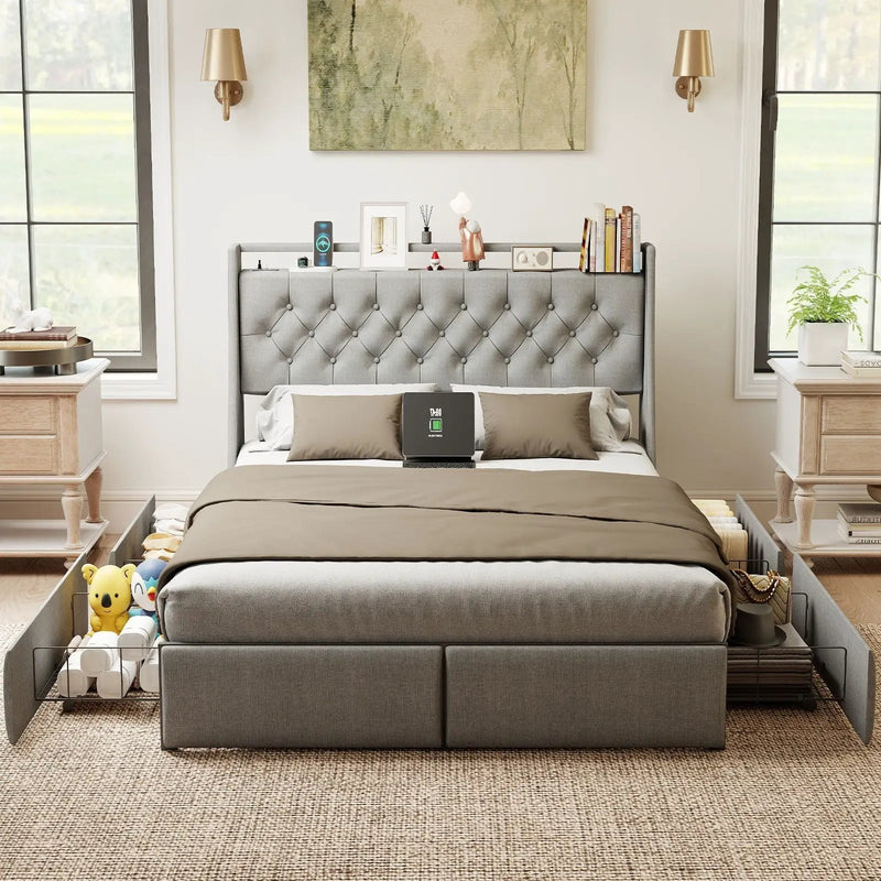 Queen Platform Bed Frame With RGB LED & Charging Station, Storage Headboard by HouseOfZazla