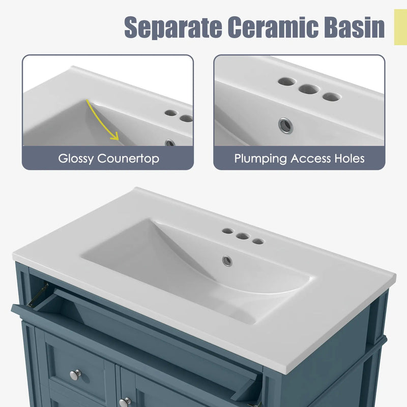 Bathroom Vanity With Top Sink, Storage Cabinet With 2 Drawers And Tip Out Drawer, Rectangular Design - Blue by Unique Piece Furniture