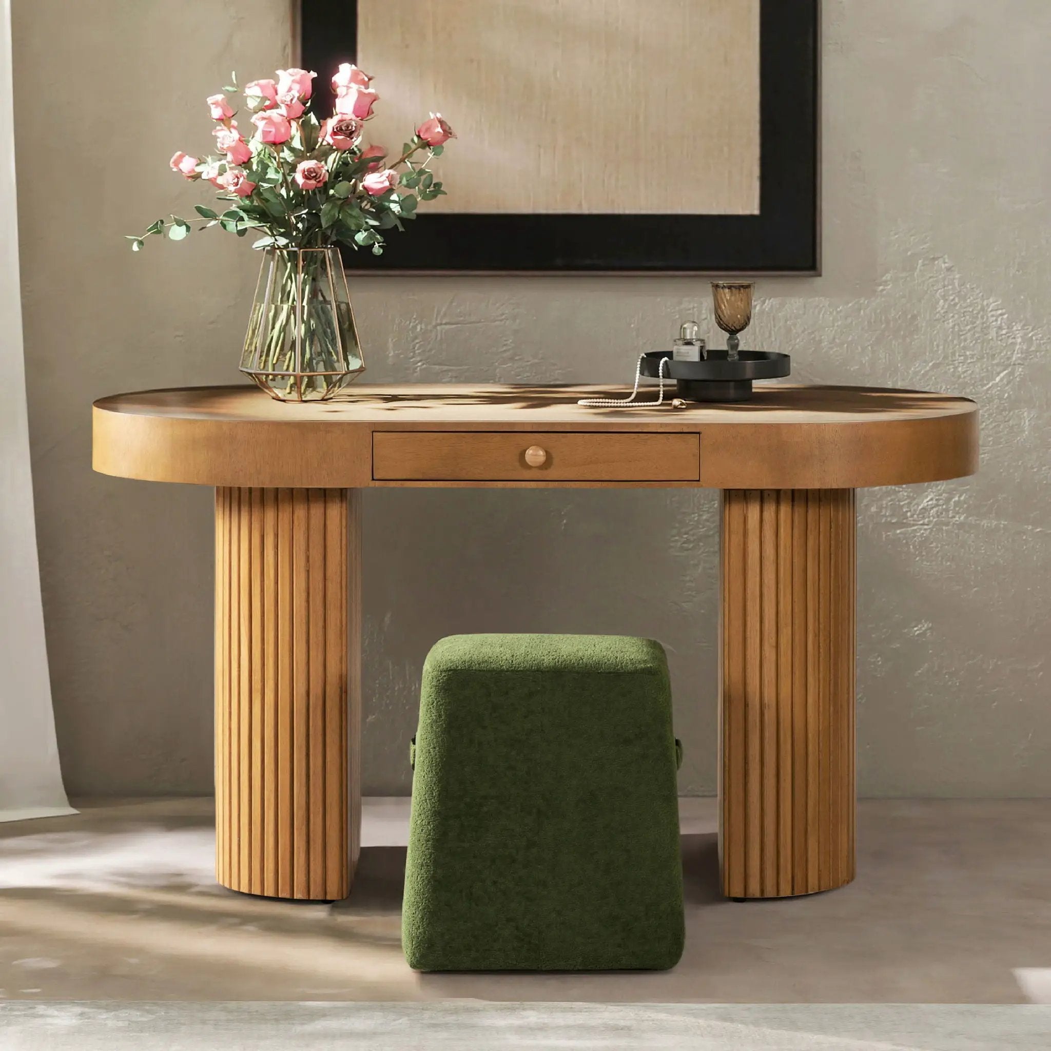 Jesse - Single Drawer Fluted Oval Console Desk - Honey Brown by HouseOfZazla