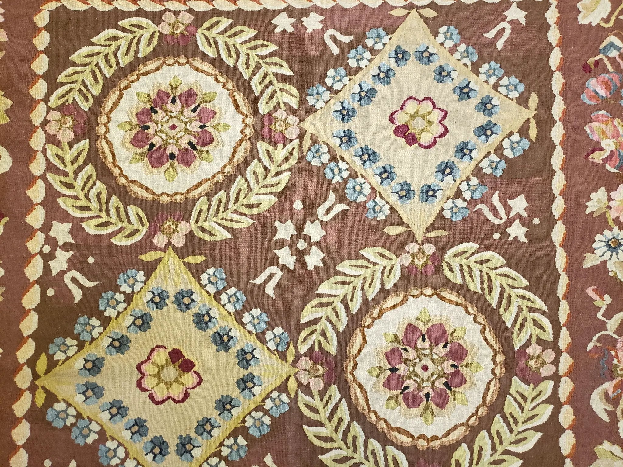 Aubusson Rug 6 x 9 Flat Weave Area Carpet European Design Flowers New Brown Rug Handmade Wool Hand-Knotted Aubusson Weave Medium Rug 6x9 by Jewel Rugs