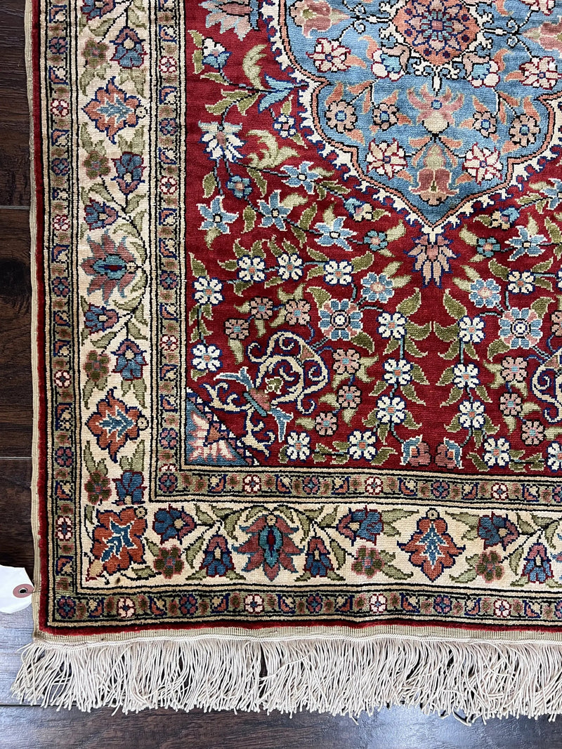 Silk Turkish Kayseri Rug 2x3, Small All Silk Turkish Carpet, Red and Light Blue, Very Fine Hand Knotted Semi Antique Vintage Handmade Rug by Jewel Rugs