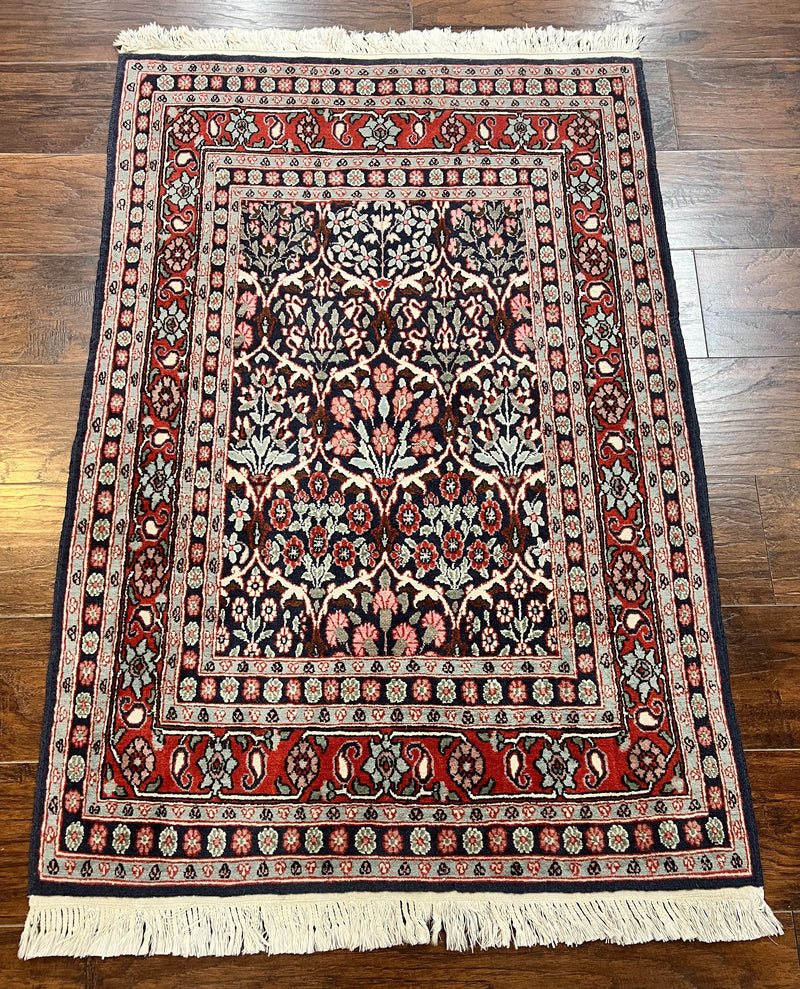 Pak Persian Rug 3x4, Wool Hand Knotted Vintage Traditional Carpet, Navy Blue & Red, Very Fine Small Handmade Floral Rug by Jewel Rugs