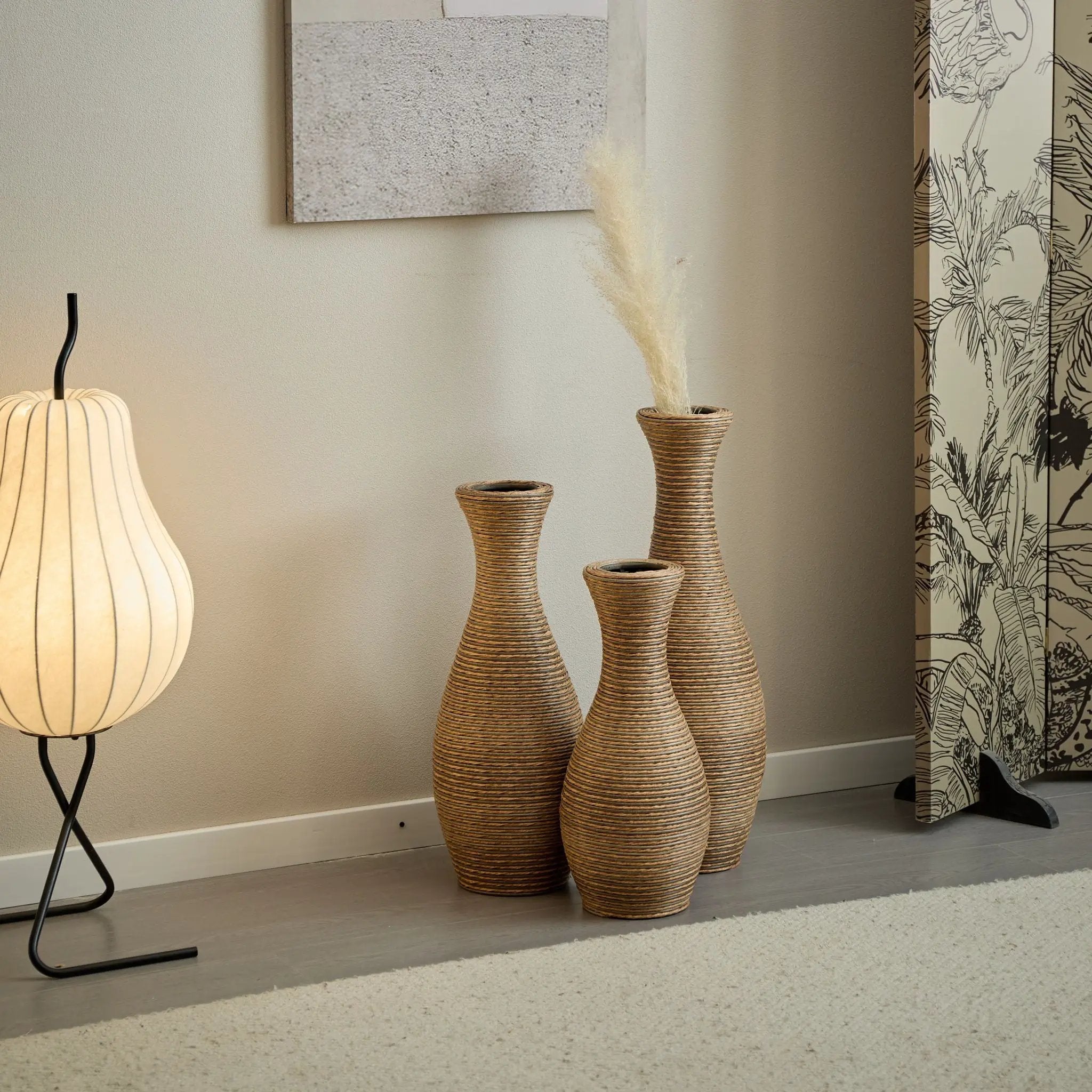 3 Piece Artificial Rattan Floor Vase Set Decorative Accent For Living Room, Hallway & Entryway, Ideal For Dried Or Silk Flower Arrangements - Beige by HouseOfZazla
