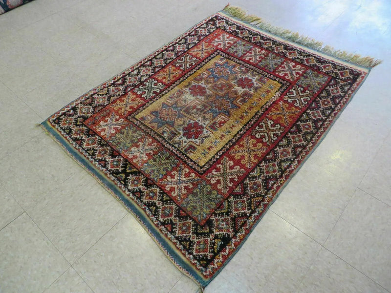 Vintage Moroccan Rug 4x5 ft, Bronze Red Black, Geometric Stars, High Quality Moroccan Carpet, Berber Rug, Handmade Wool Area Rug, Unique Rug by Jewel Rugs