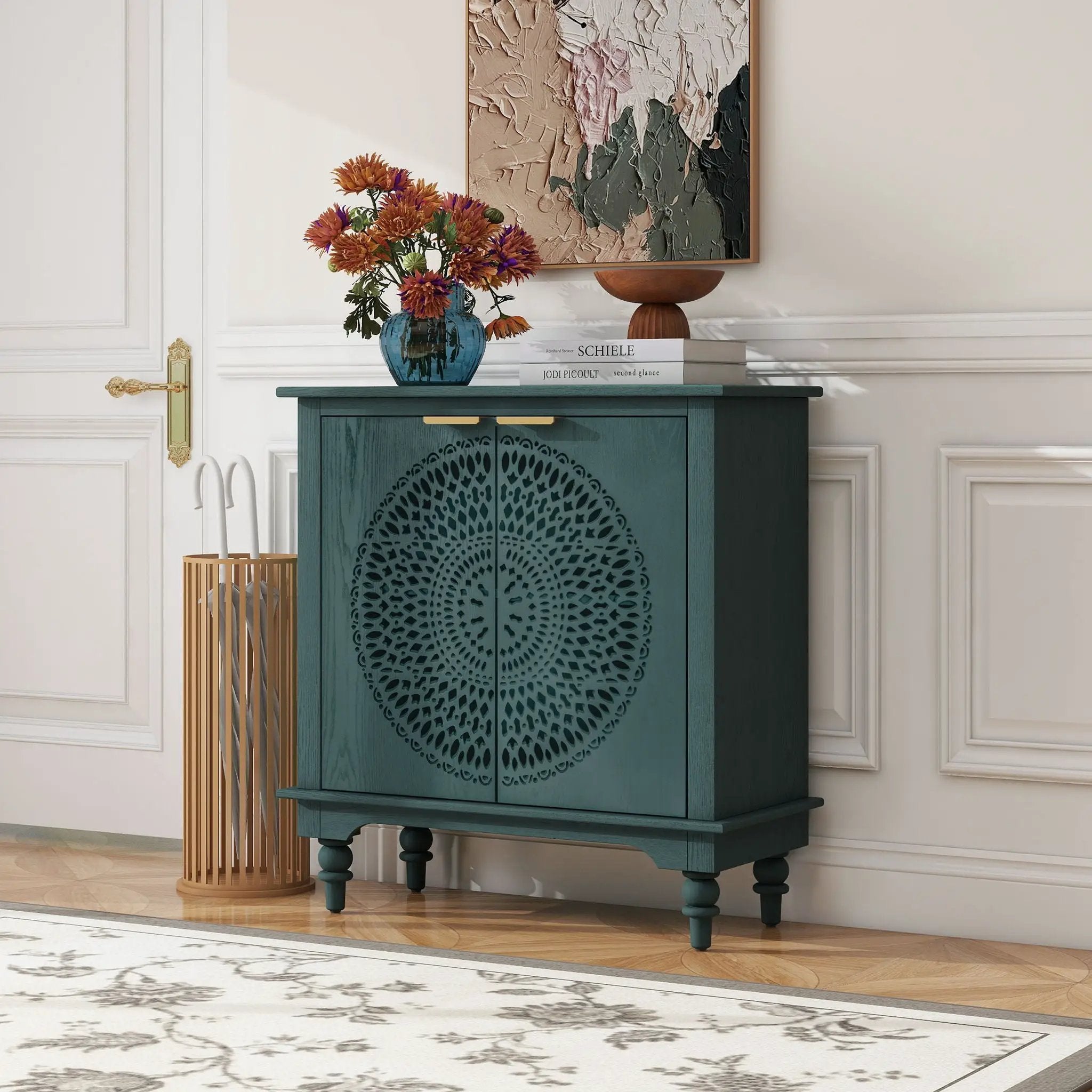 Hollow Carved 2 Door Accent Cabinet With Adjustable Shelf, Sideboard Buffet For Entryway, Living Room Or Bedroom - Blackish Green by HouseOfZazla