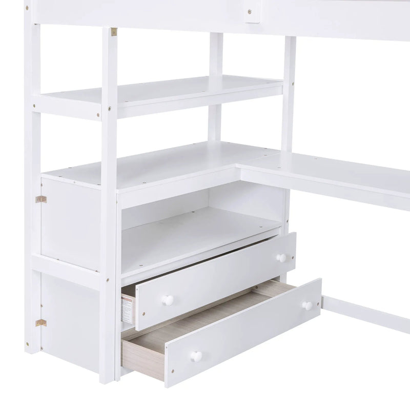 Loft Bed With Desk, Shelves, 2 Drawers, Storage Staircase