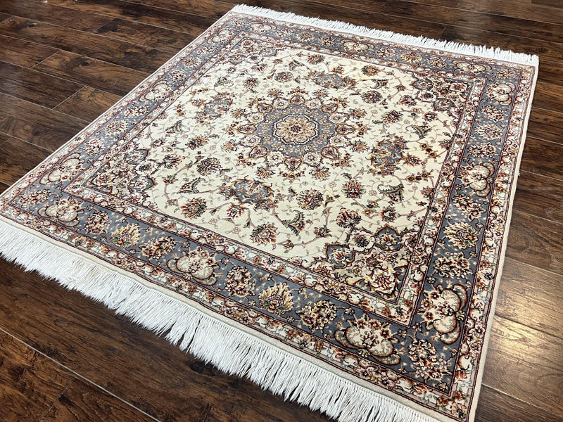 Sino Persian Square Rug 5x5, Very Fine Oriental Carpet, Wool & Silk Highlights, Ivory, Hand Knotted Handmade Vintage Traditional Rug by Jewel Rugs