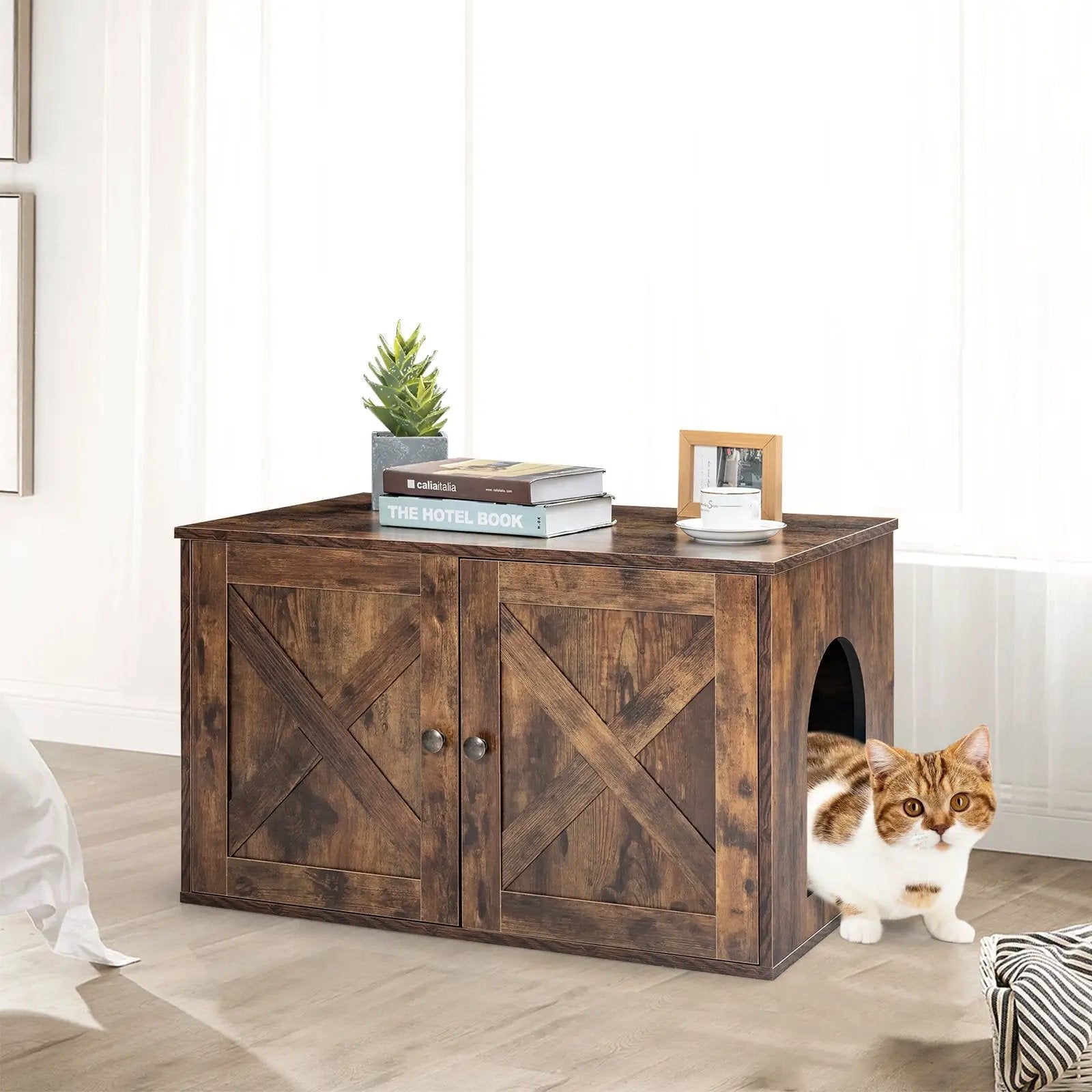 Wooden Hidden Cabinet Cat Furniture with Divider-Coffee by DirectDeals