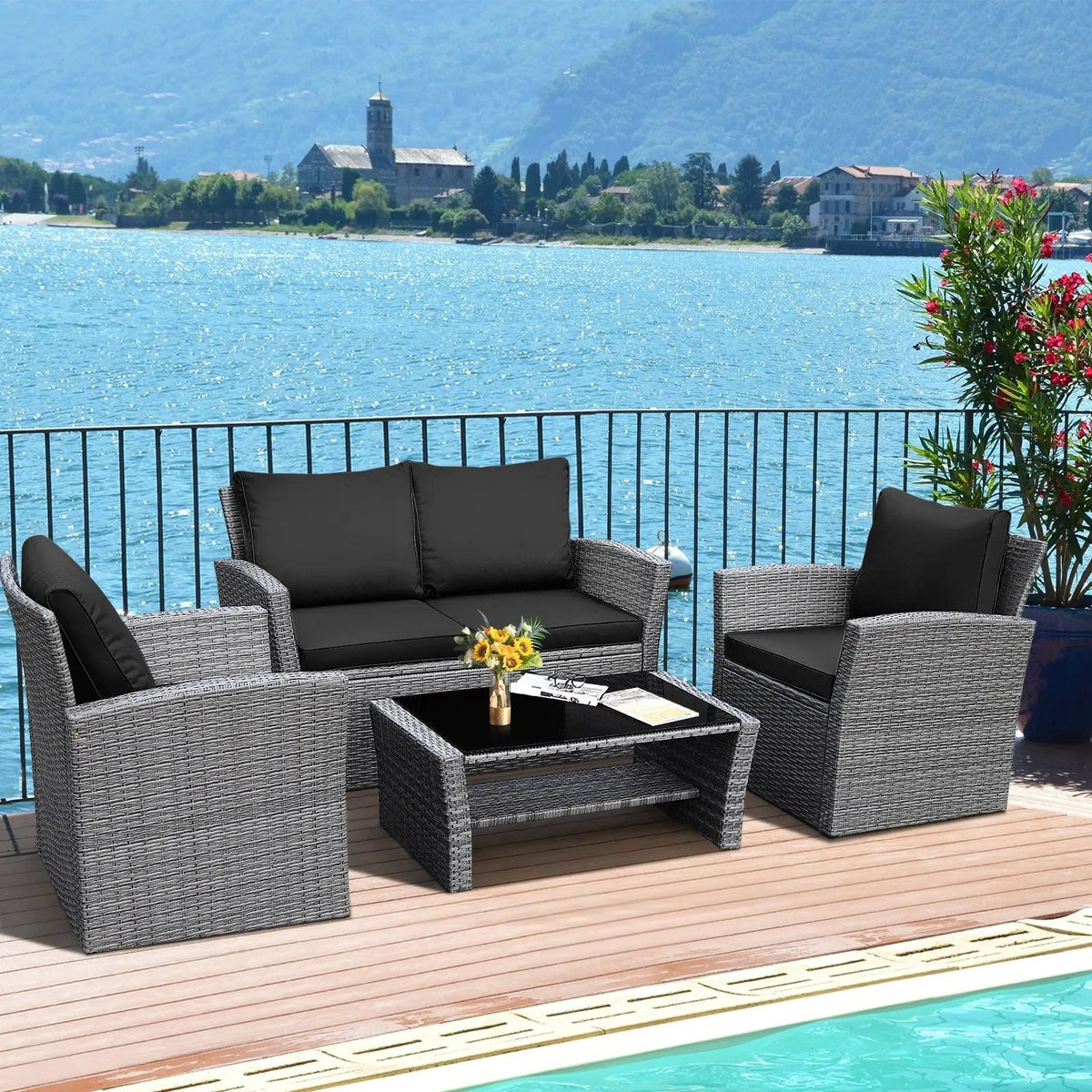 4 Pieces Patio Rattan Furniture Set Sofa Table with Storage Shelf Cushion by DirectDeals