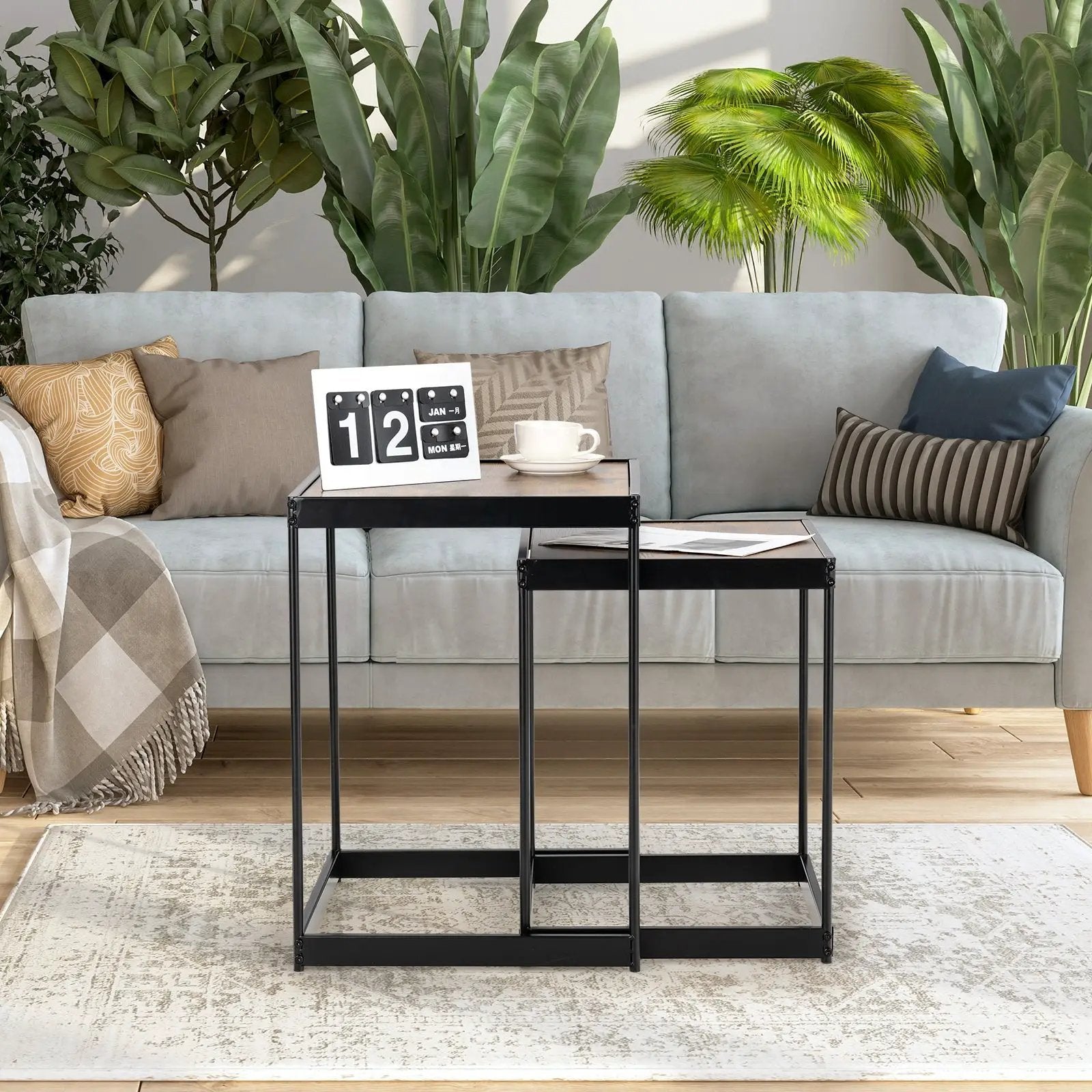 Set of 2 Modern Nesting End Tables with Metal Legs for Living Room-Rustic Brown by DirectDeals